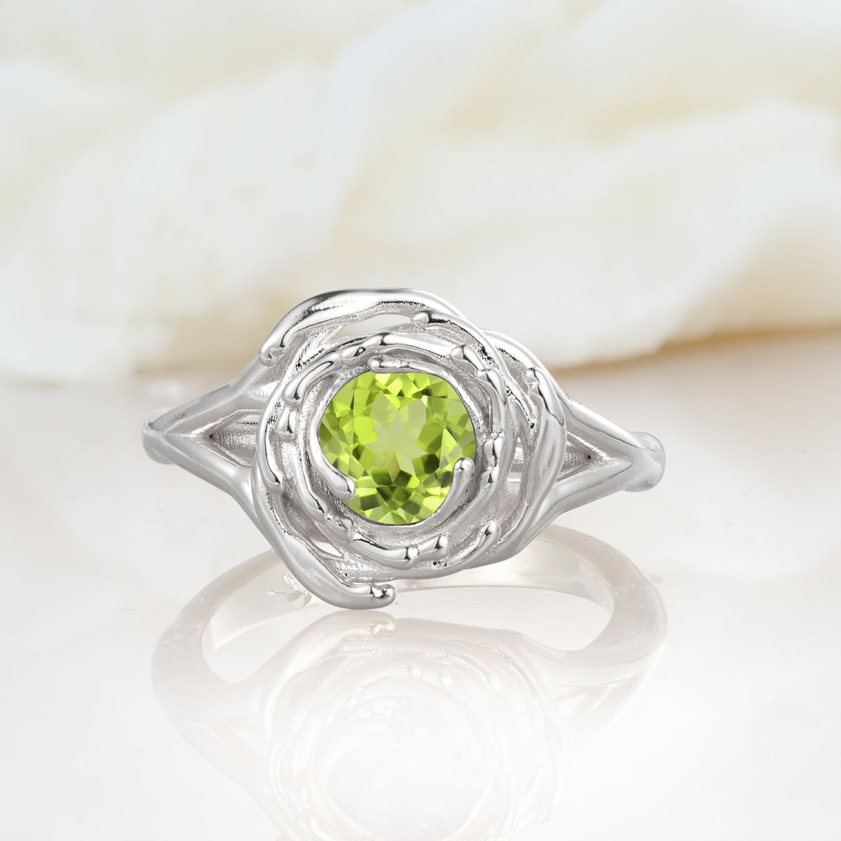 Round Cut Peridot Swirl Halo Engagement Ring - Additional view