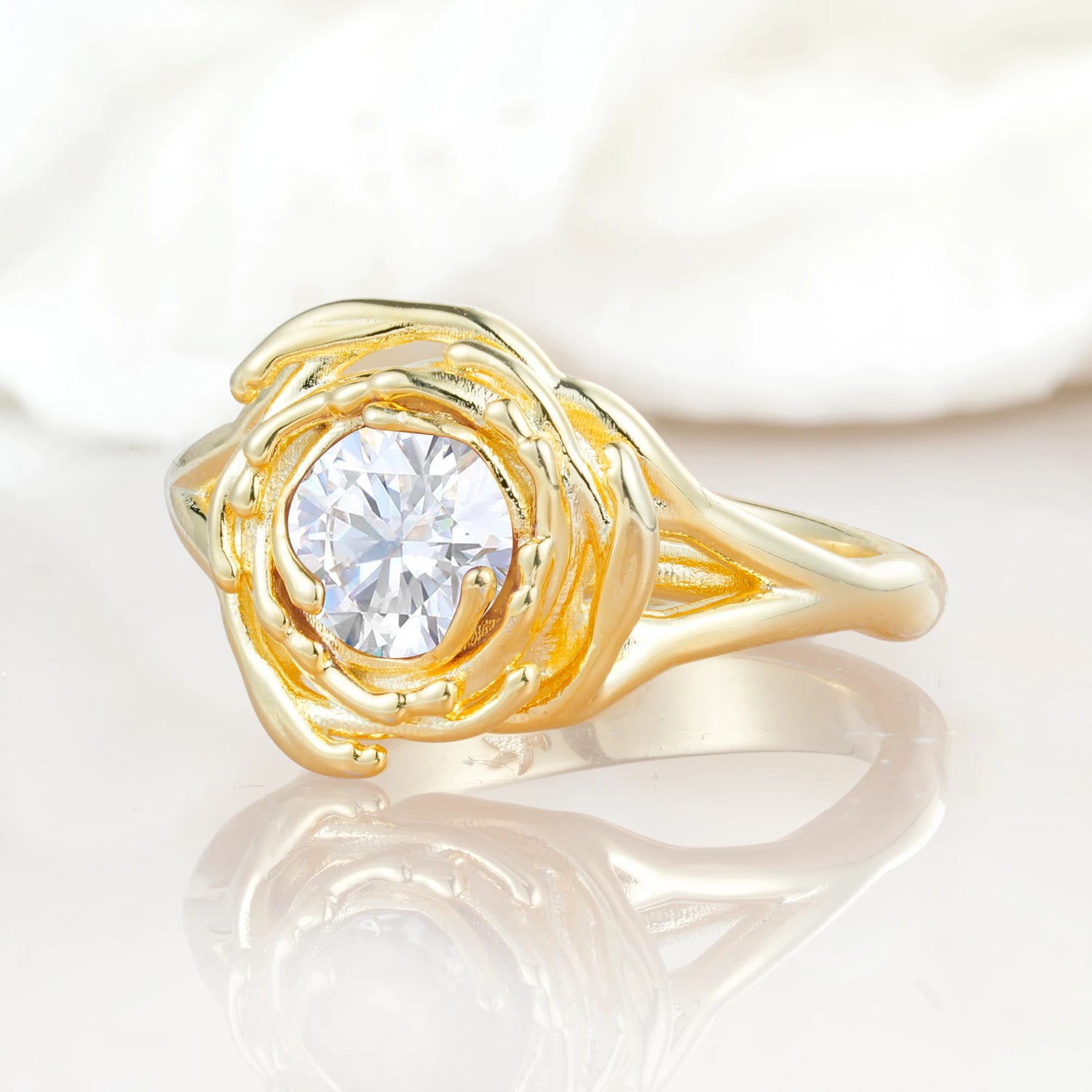 Romantic Flower Moissanite Promise Ring with Round Cut