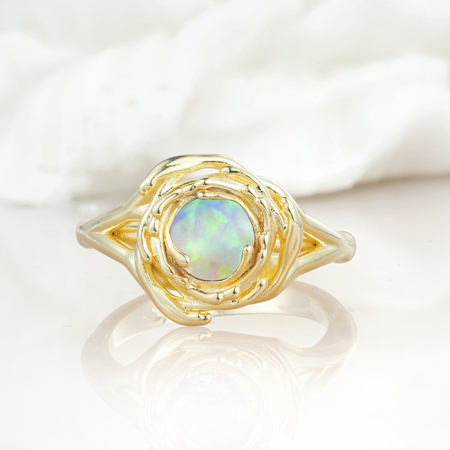 Romantic Flower Opal Promise Ring with Round Cut