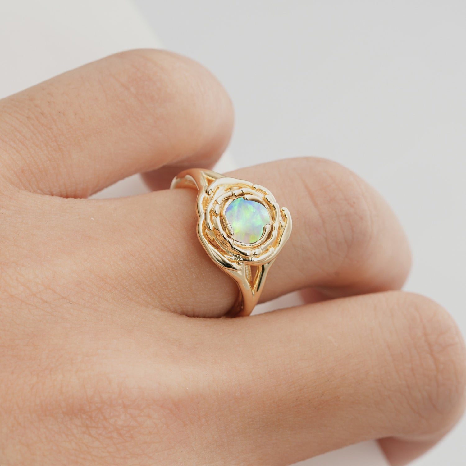 Romantic Flower Opal Promise Ring with Round Cut