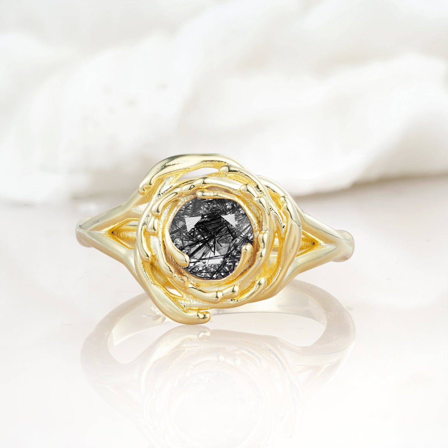 Round Cut Black Rutilated Quartz Swirl Halo Engagement Ring - Additional view