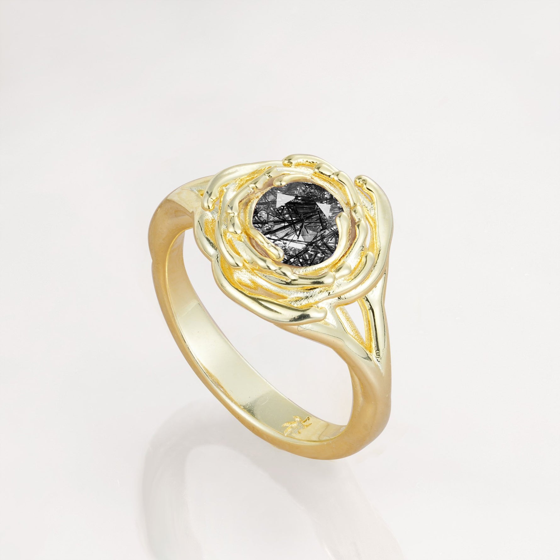 Round Cut Black Rutilated Quartz Swirl Halo Engagement Ring - Additional view