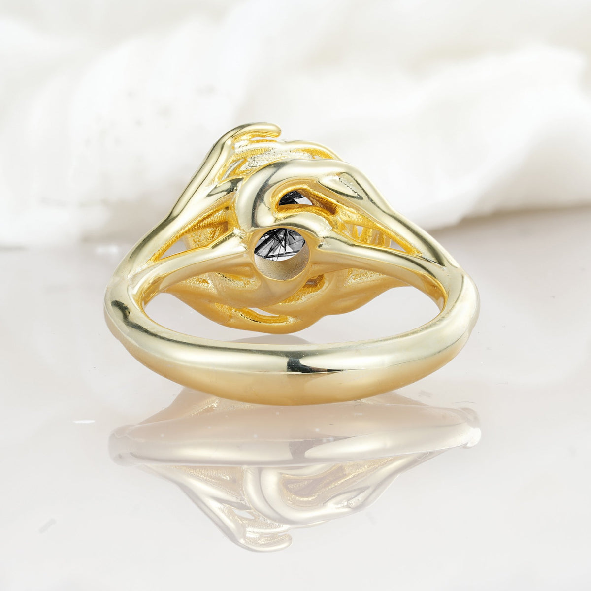Round Cut Black Rutilated Quartz Swirl Halo Engagement Ring - Additional view