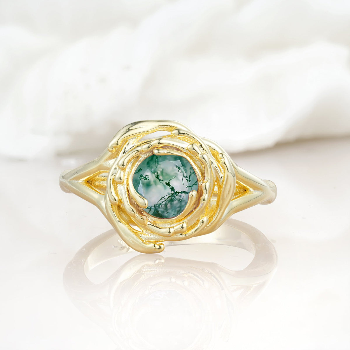 Round Cut Moss Agate Swirl Halo Engagement Ring - Additional view