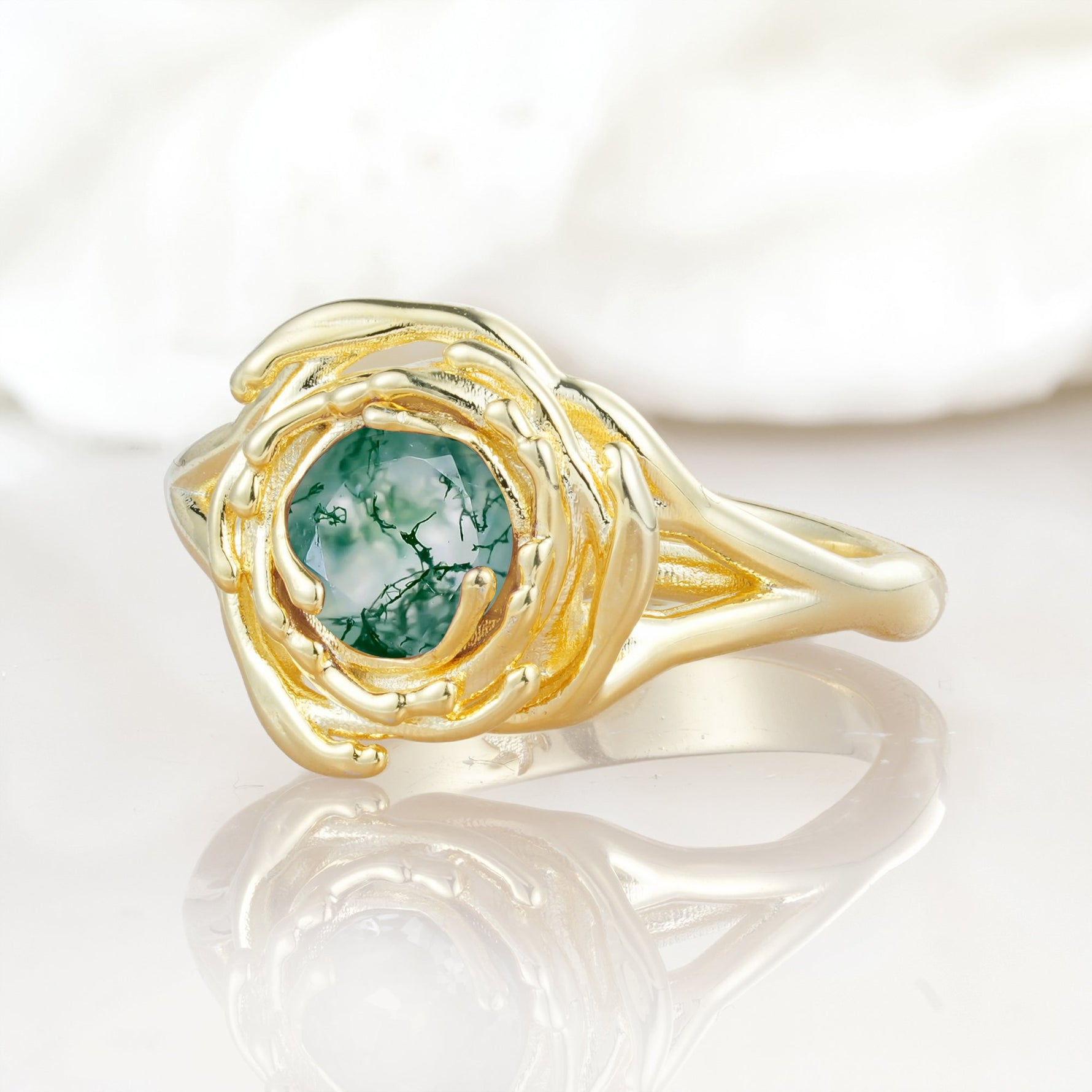 Round Cut Moss Agate Swirl Halo Engagement Ring - Additional view