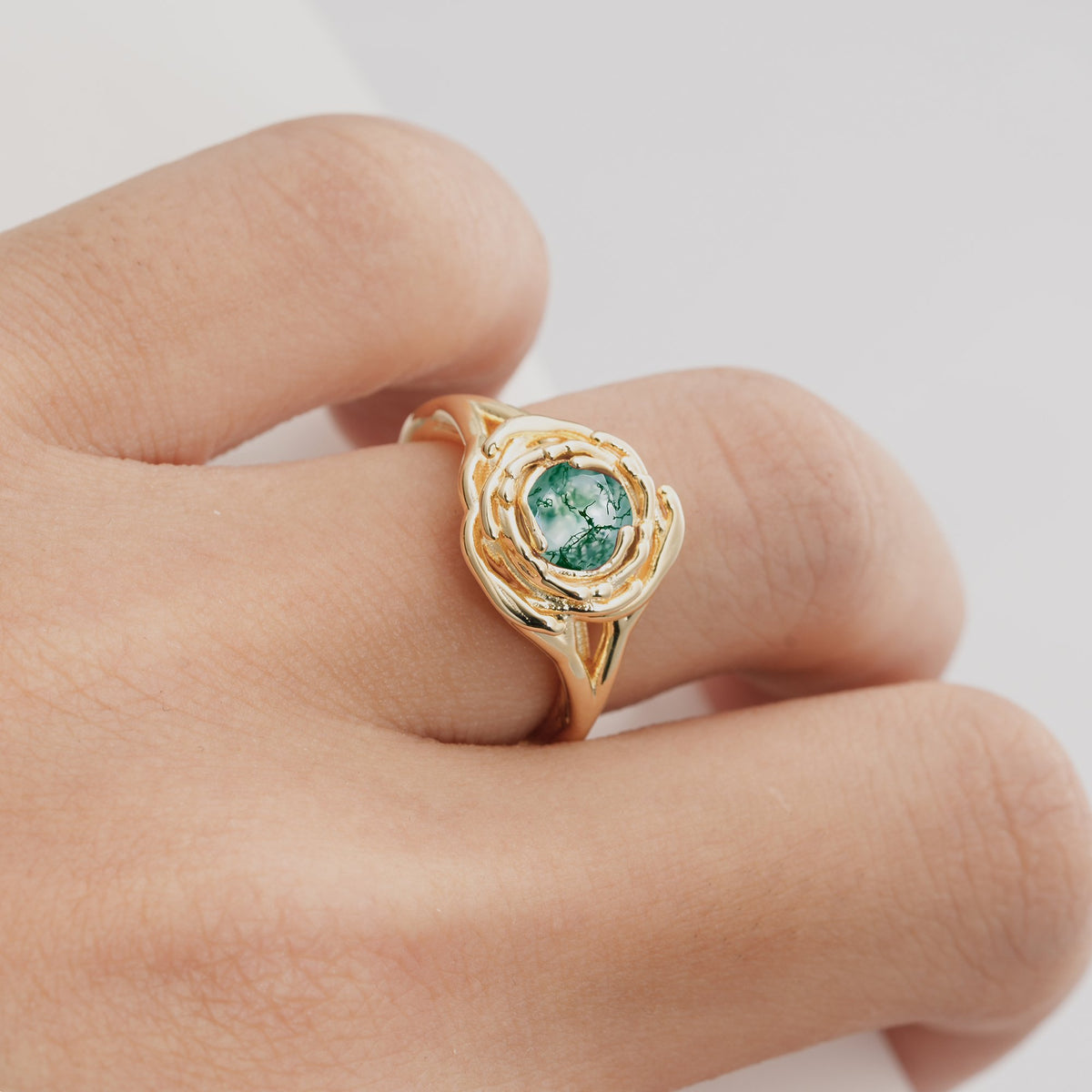 Round Cut Moss Agate Swirl Halo Engagement Ring - Additional view