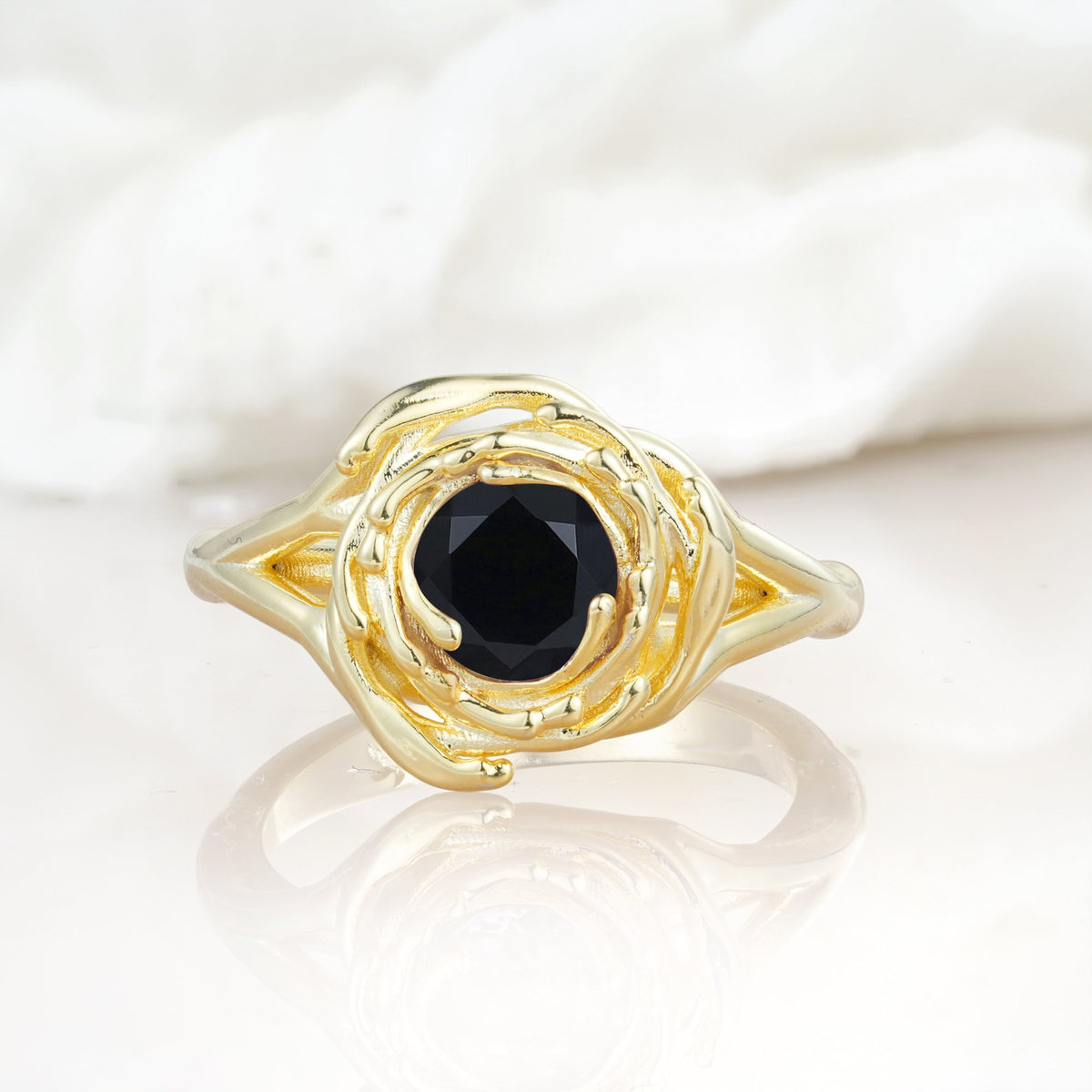 Round Cut Black Onyx Swirl Halo Engagement Ring - Additional view