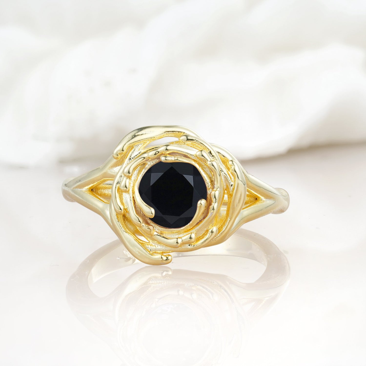 Round Cut Black Onyx Swirl Halo Engagement Ring - Additional view