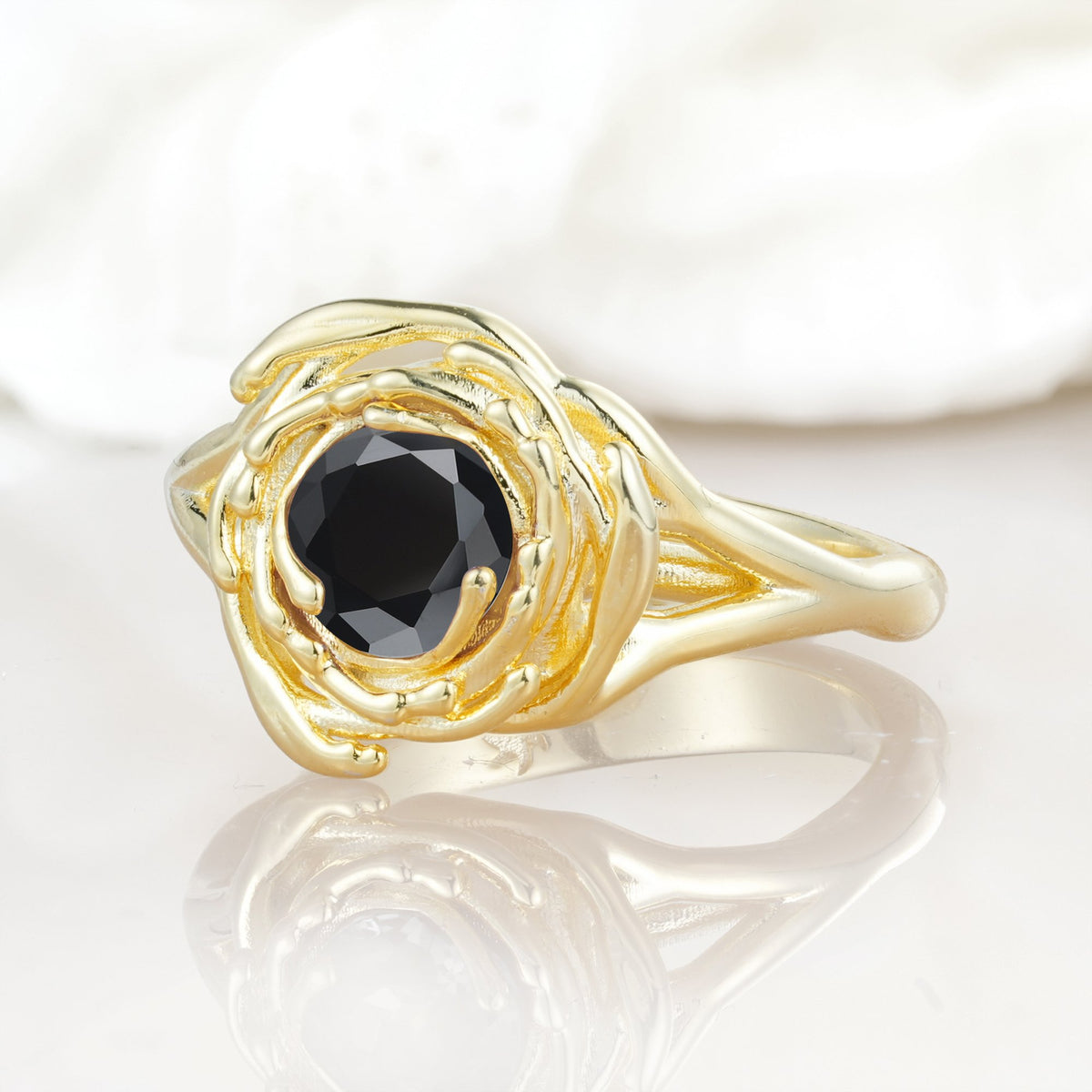 Round Cut Black Onyx Swirl Halo Engagement Ring - Additional view