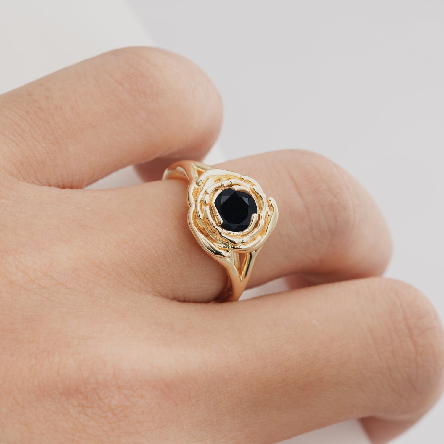 Round Cut Black Onyx Swirl Halo Engagement Ring - Additional view
