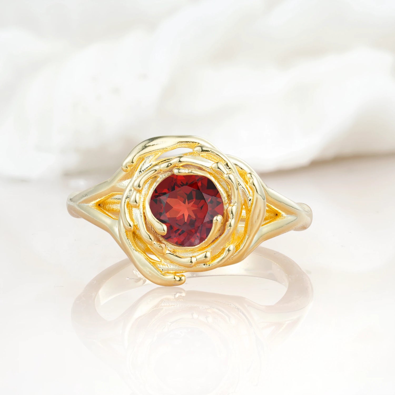 Romantic Flower Garnet Promise Ring with Round Cut