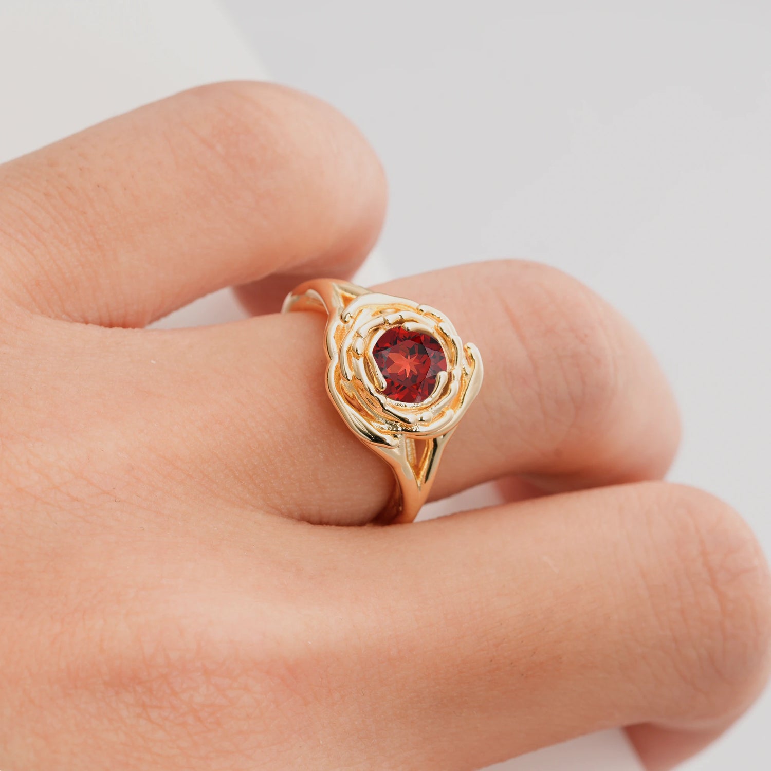 Romantic Flower Garnet Promise Ring with Round Cut