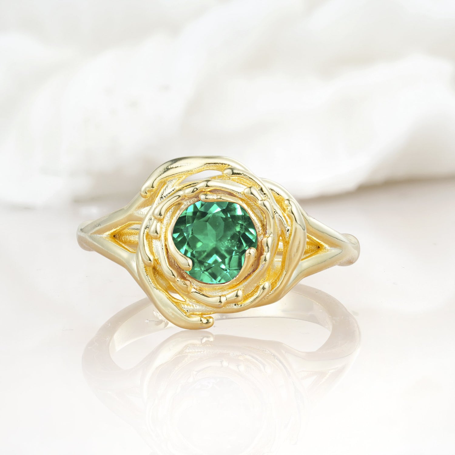 Round Cut Emerald Swirl Halo Engagement Ring - Additional view