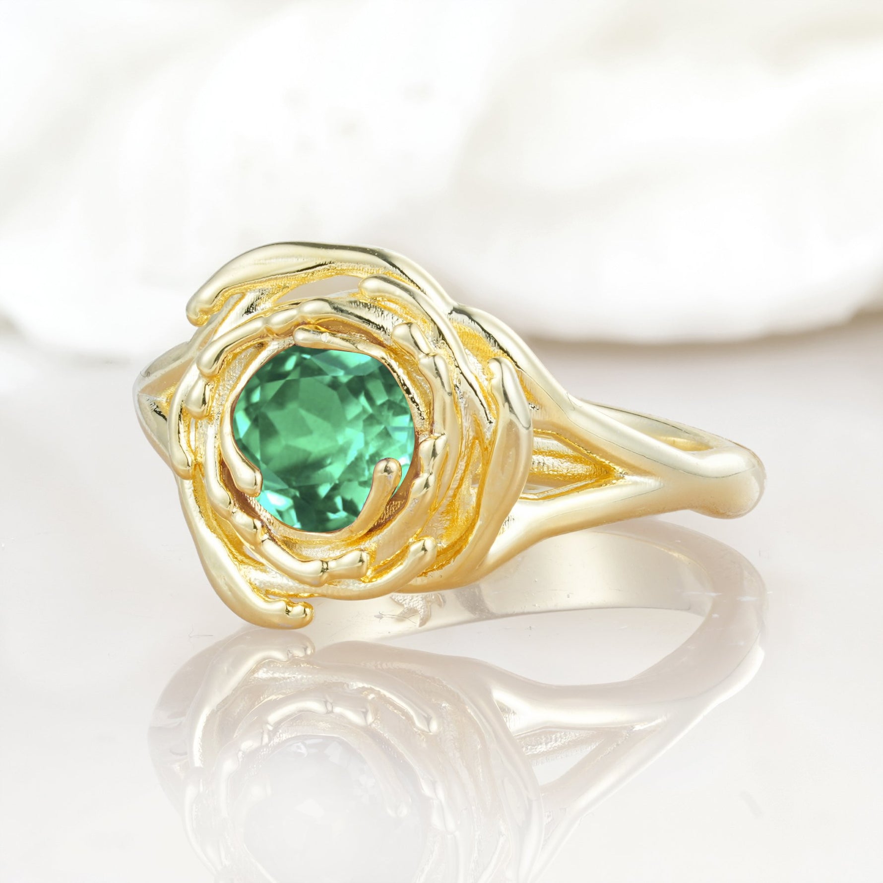 Round Cut Emerald Swirl Halo Engagement Ring - Additional view