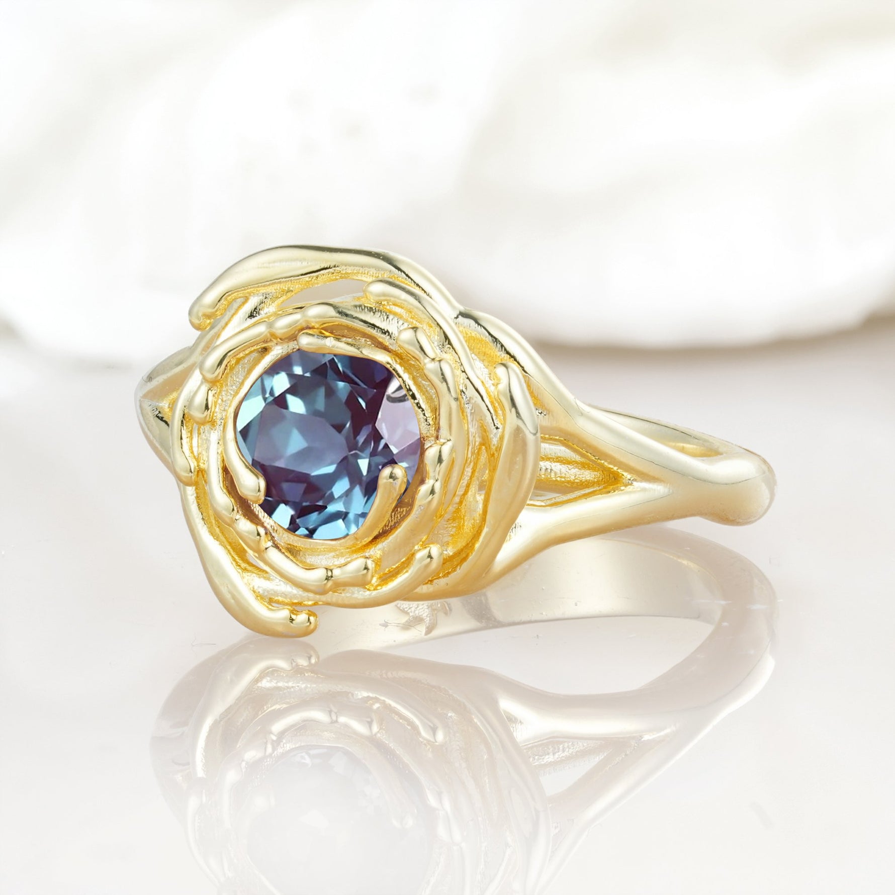 Round Cut Alexandrite Swirl Halo Engagement Ring - Additional view