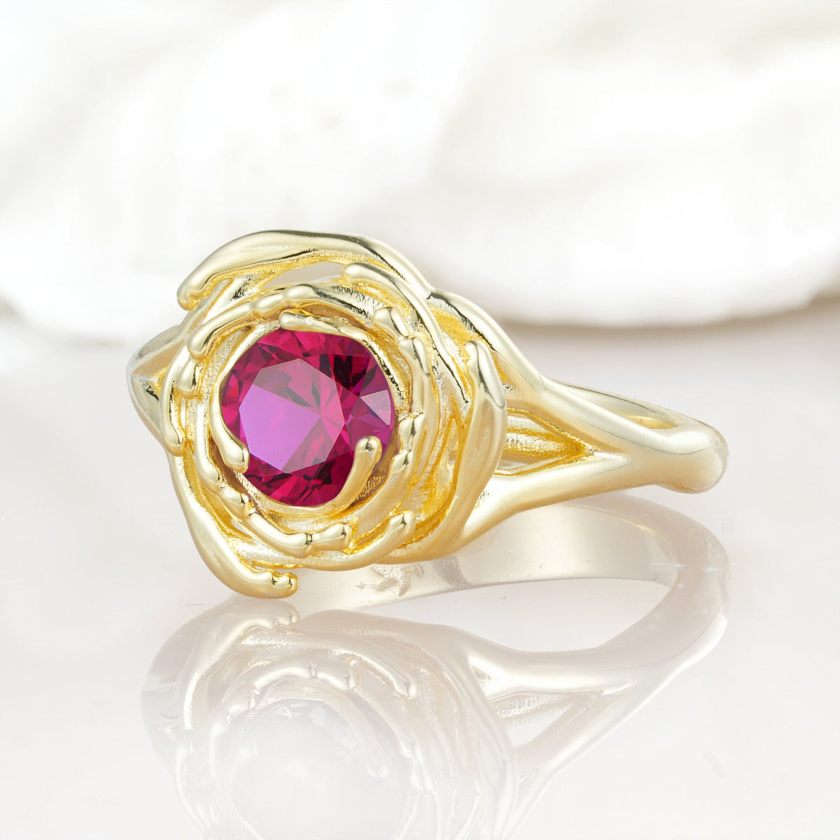 Round Cut Ruby Swirl Halo Engagement Ring - Additional view