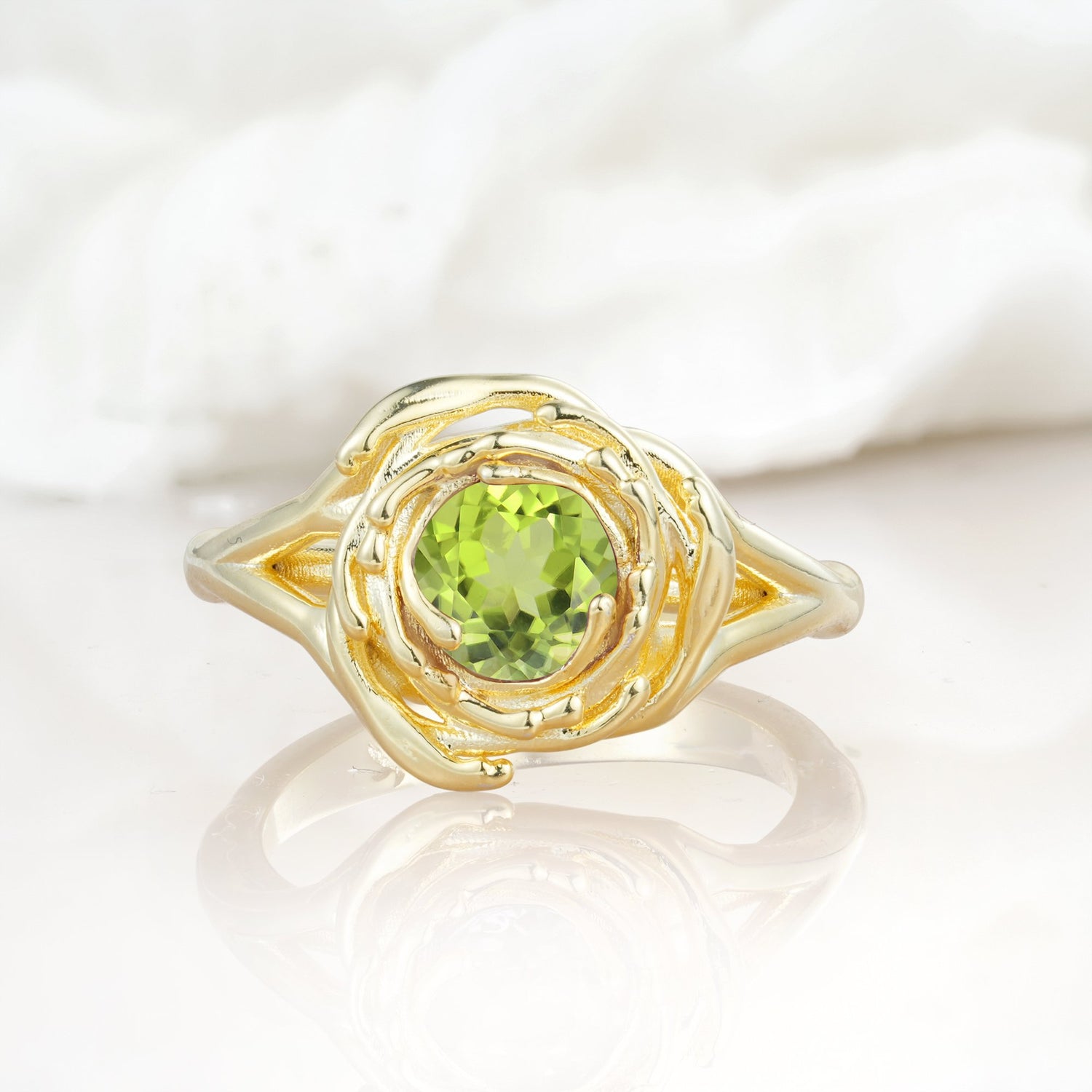 Round Cut Peridot Swirl Halo Engagement Ring - Additional view