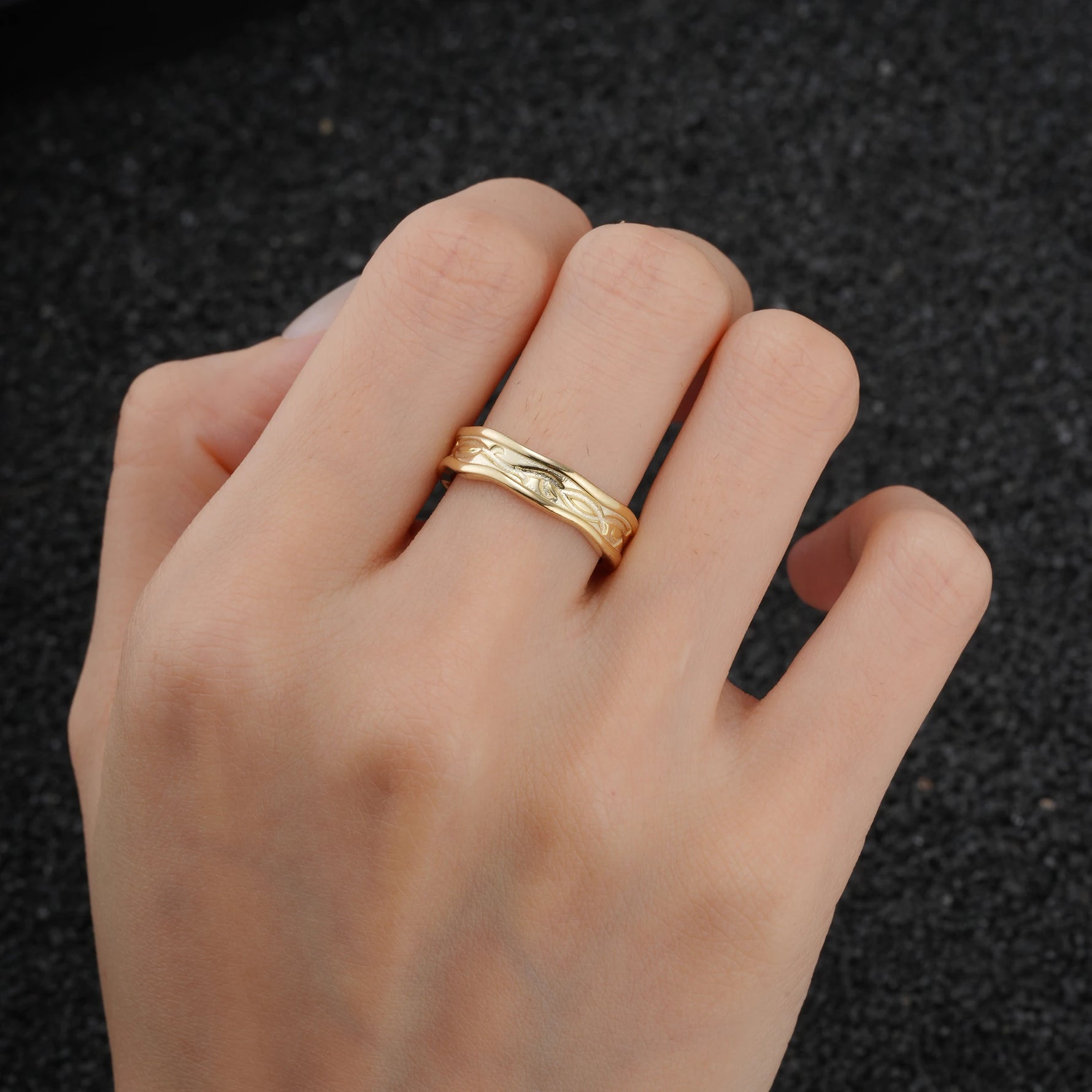 Vintage Vine Men’s Wedding Band with Wavy Edge Detai - Additional view