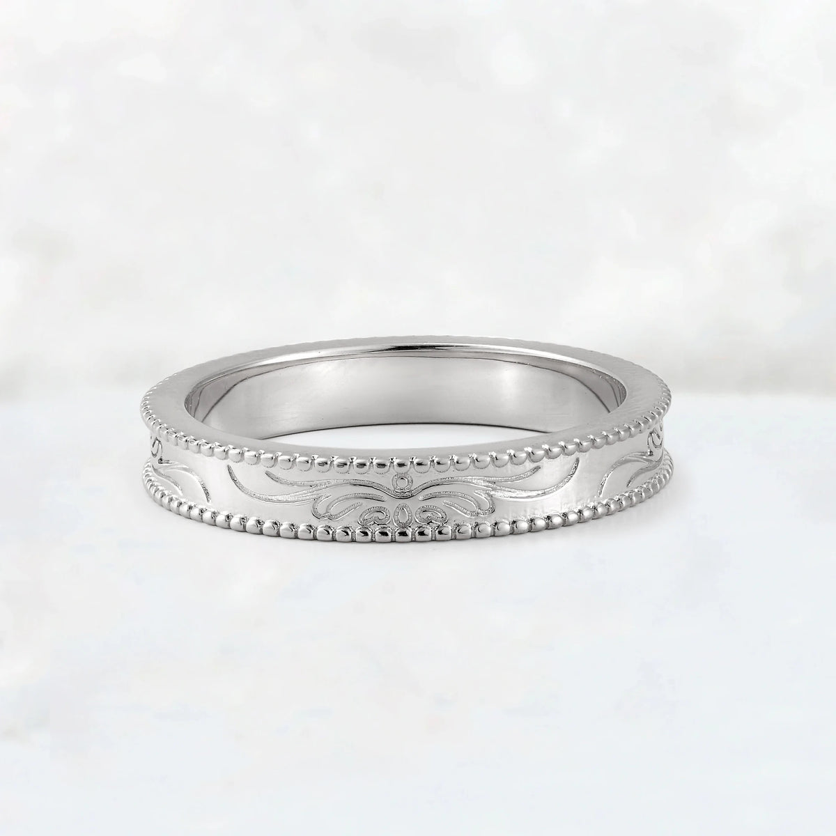Vintage Milgrain Wedding Band with Floral Scroll Engraving - Additional view