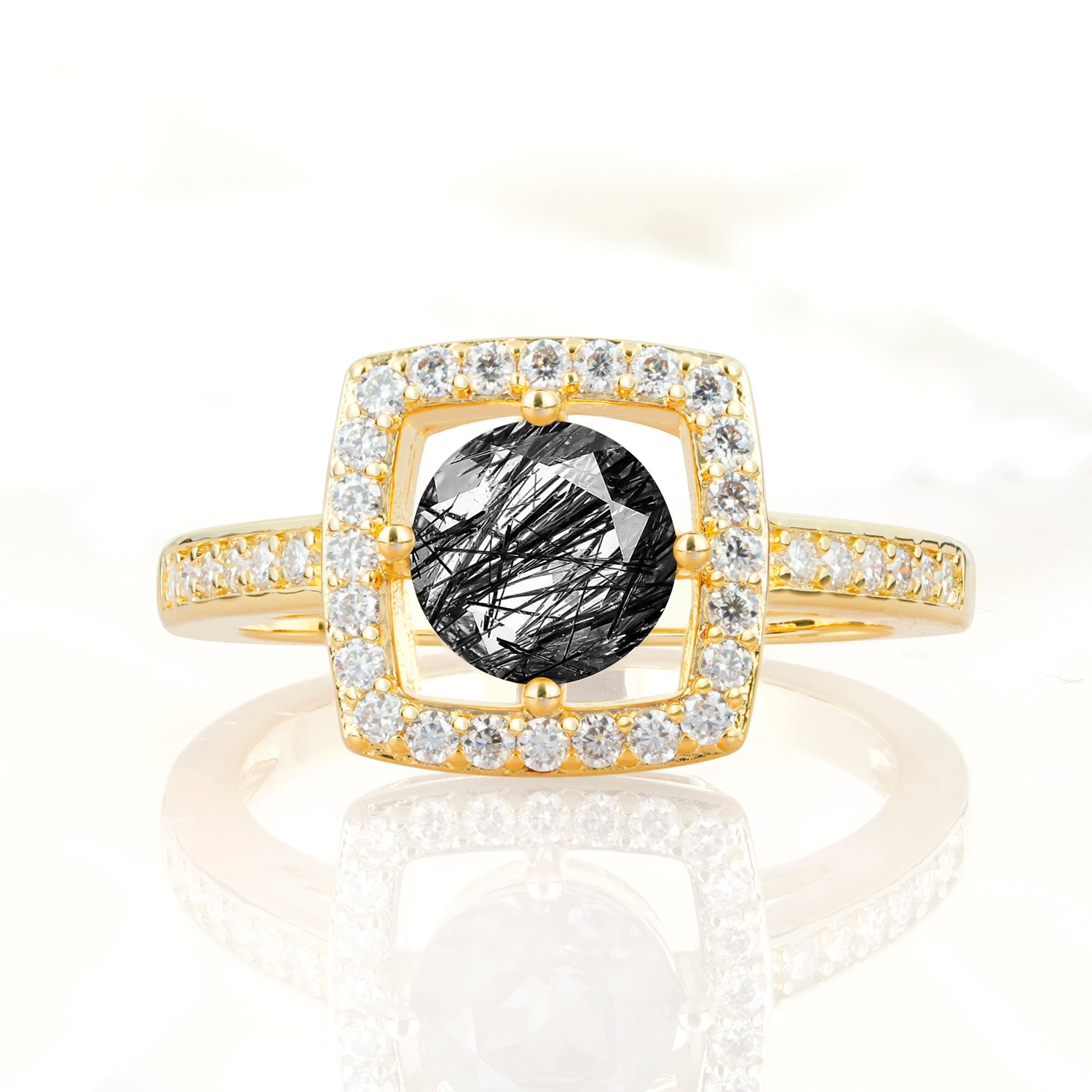 Elegant Halo Black Rutilated Quartz Ring with Round Cut - Ideal Anniversary Gift