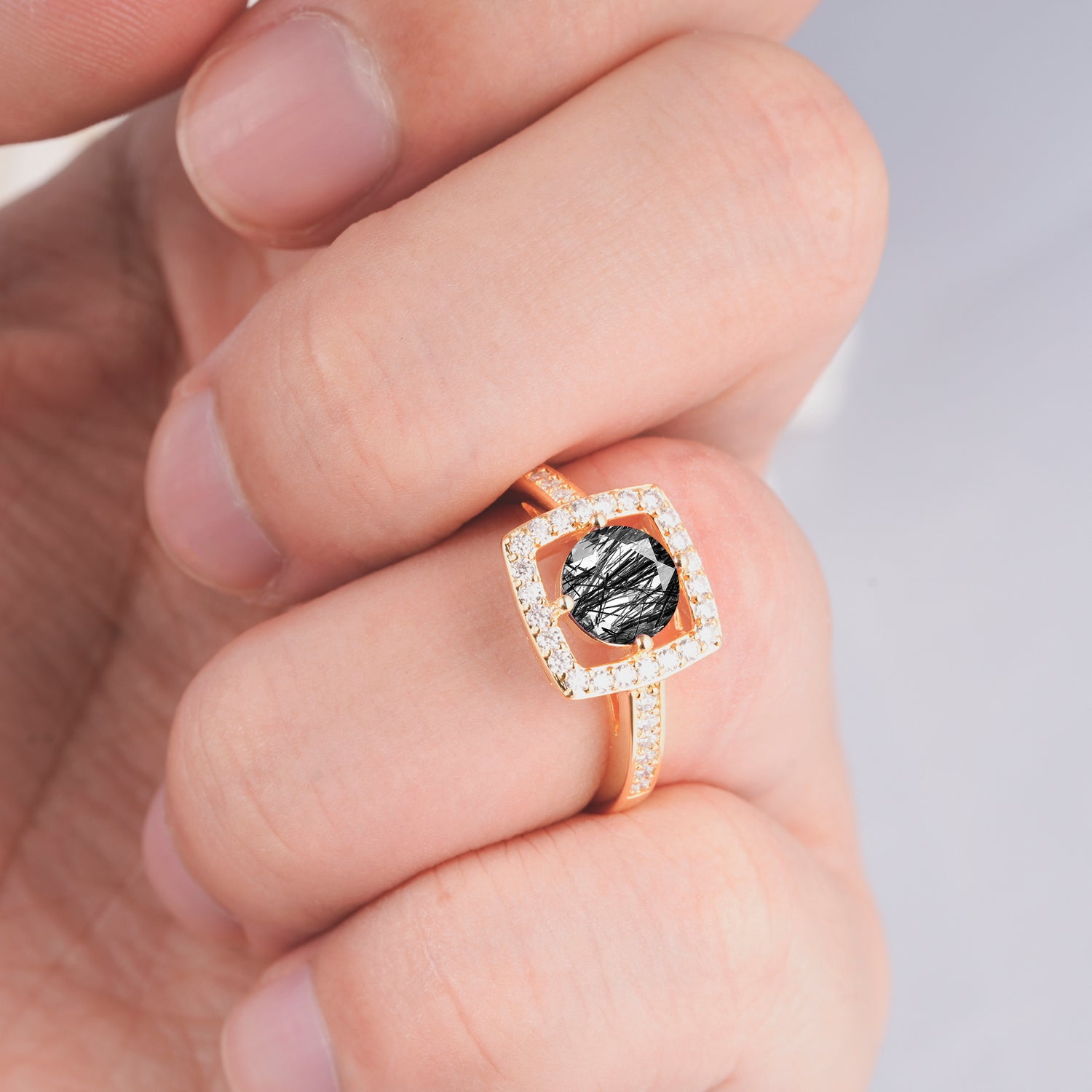 Elegant Halo Black Rutilated Quartz Ring with Round Cut - Ideal Anniversary Gift