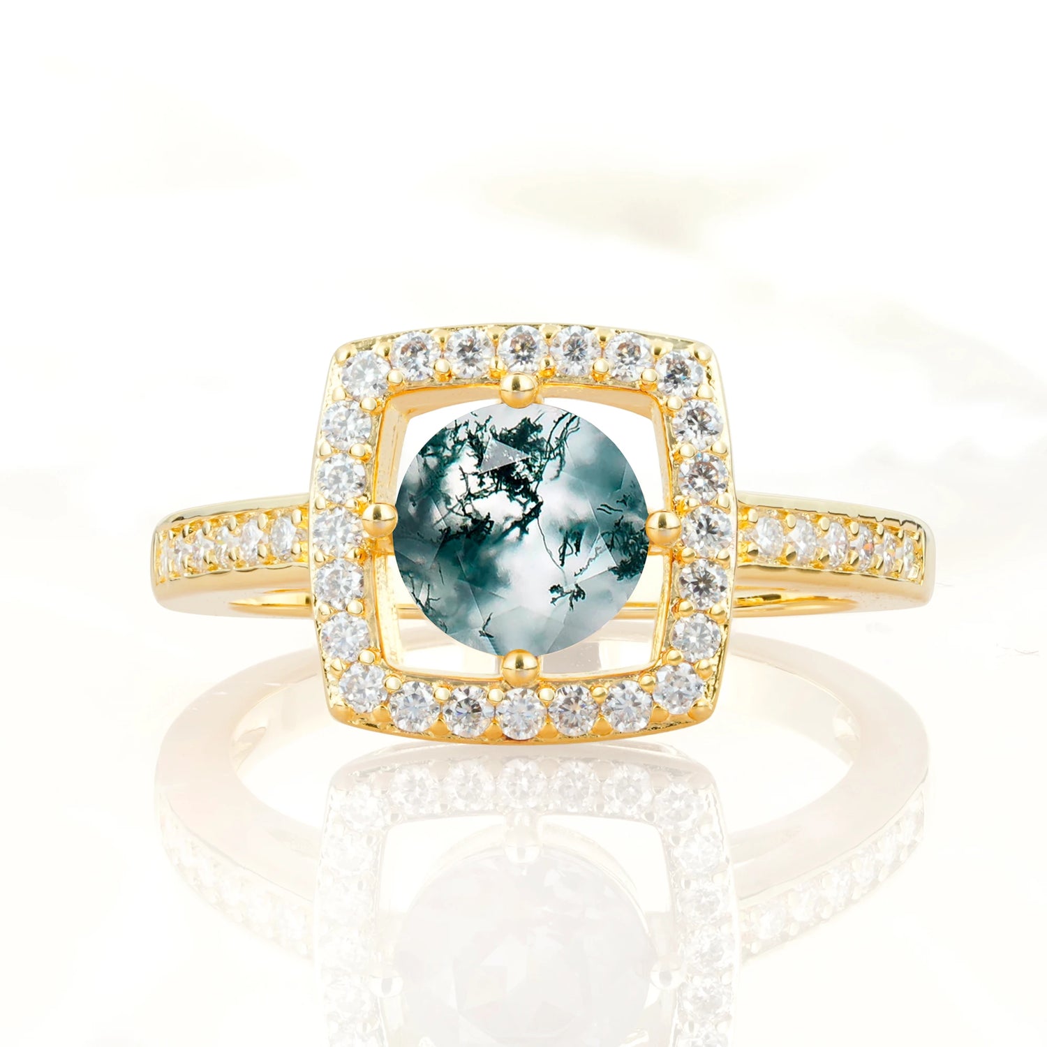 Elegant Halo Moss Agate Ring with Round Cut - Ideal Anniversary Gift