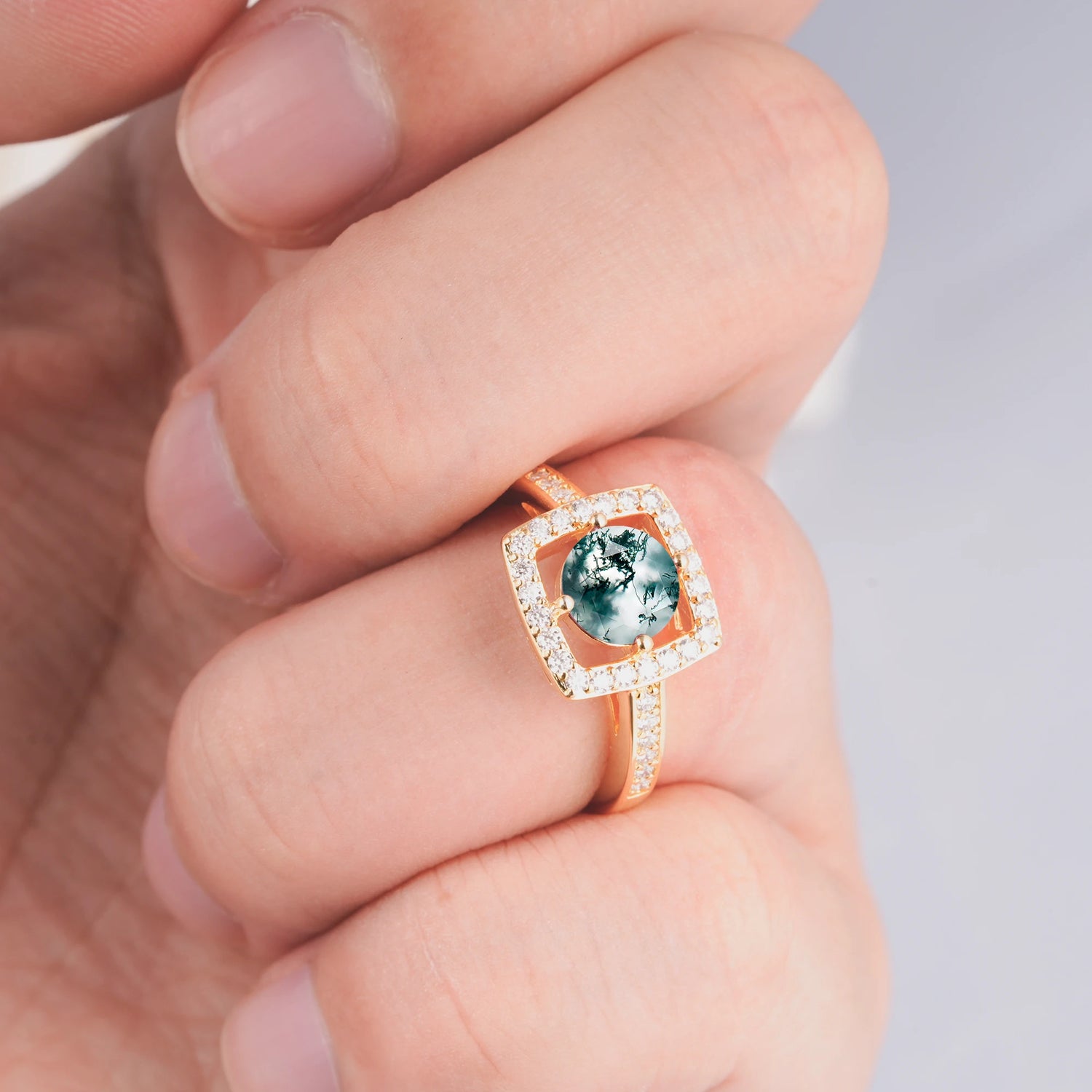 Elegant Halo Moss Agate Ring with Round Cut - Ideal Anniversary Gift