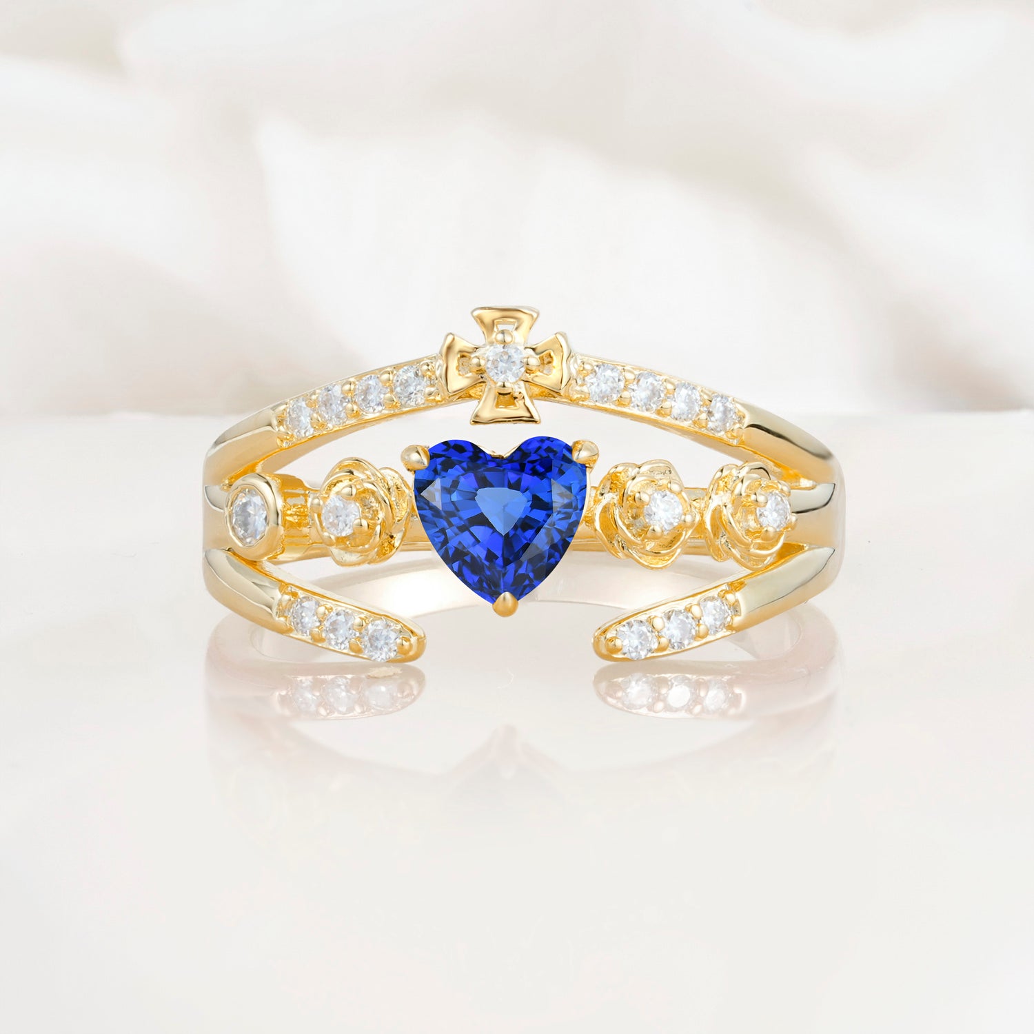Heart Cut Claddagh Cross Sapphire Wedding Ring