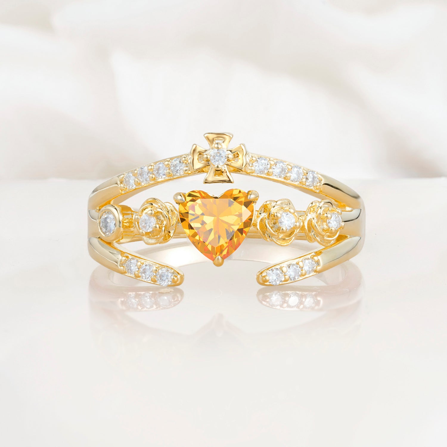 Heart Cut Claddagh Cross Citrine Wedding Ring