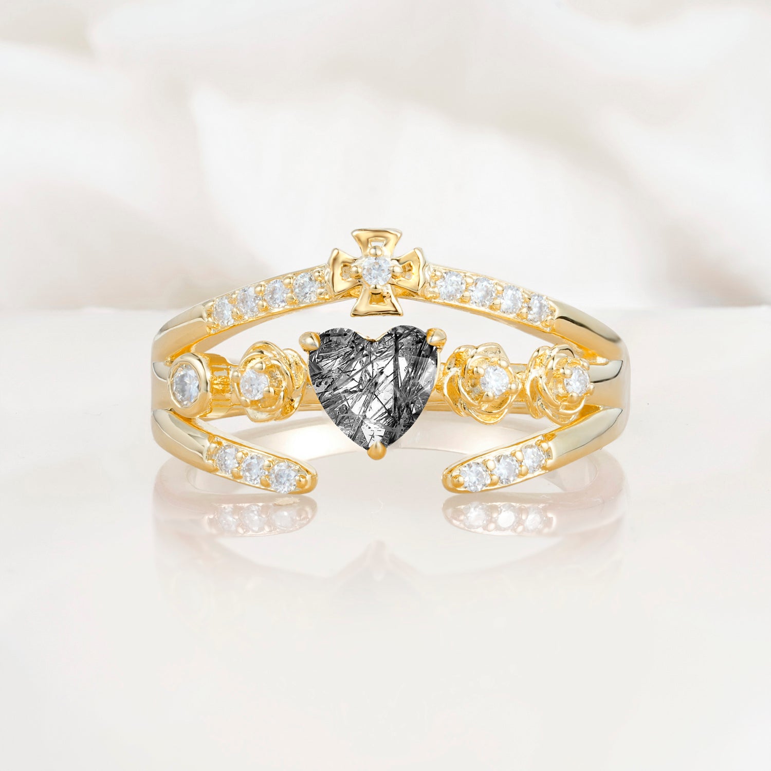 Heart Cut Claddagh Cross Black Rutilated Quartz Wedding Ring