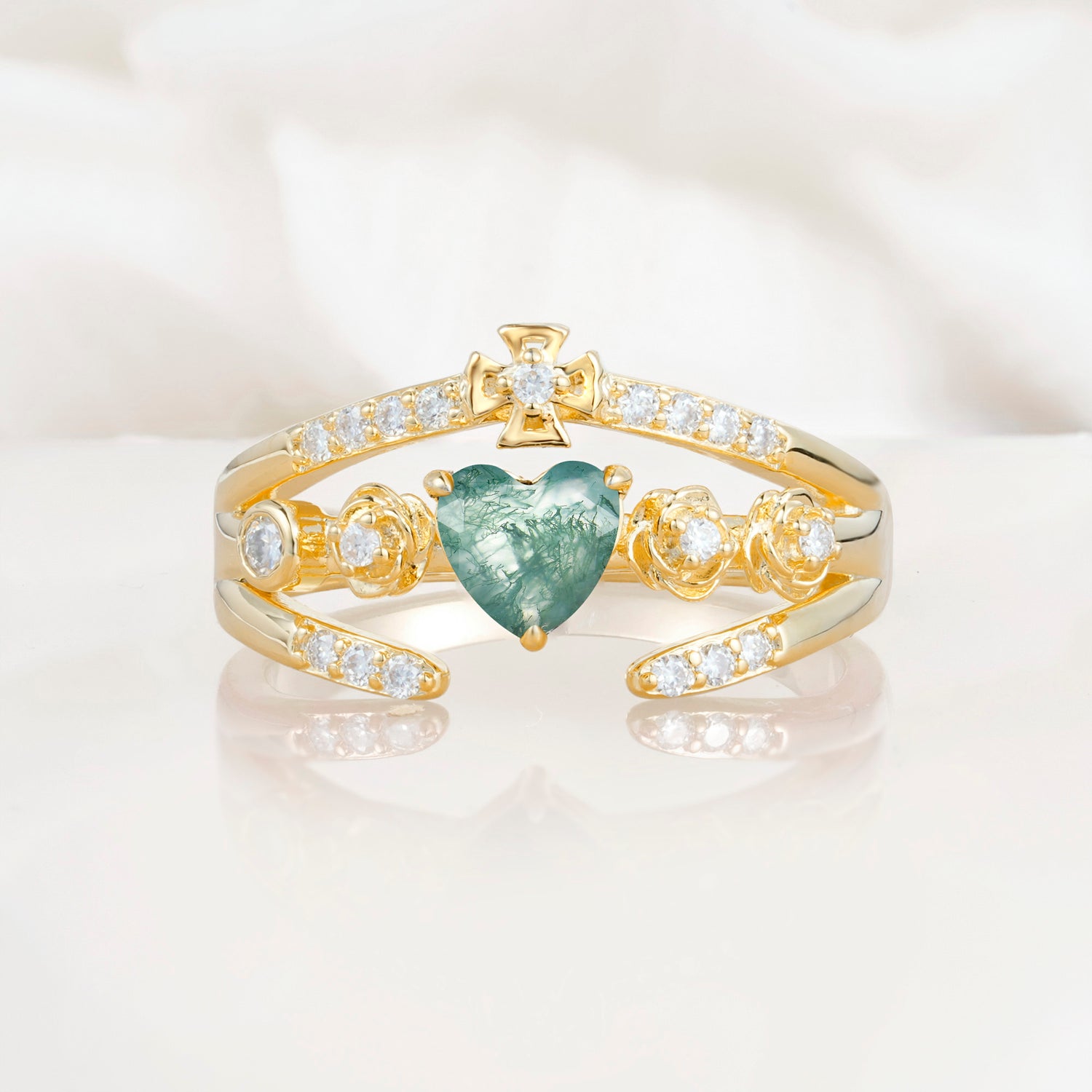 Heart Cut Claddagh Cross Moss Agate Wedding Ring