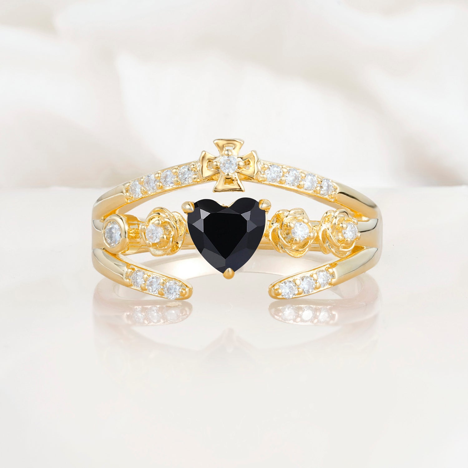 Heart Cut Claddagh Cross Black Onyx Wedding Ring