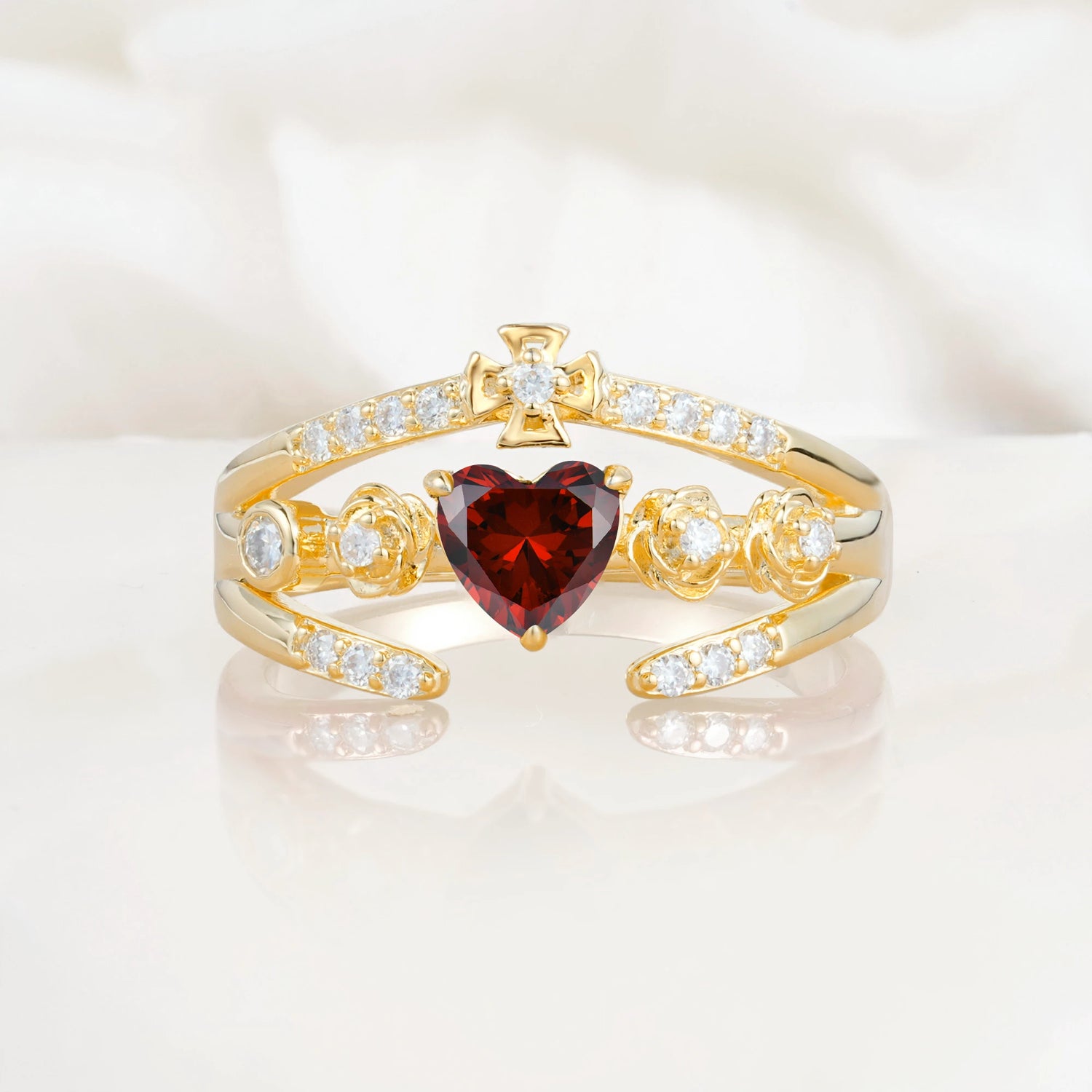 Heart Cut Claddagh Cross Garnet Wedding Ring