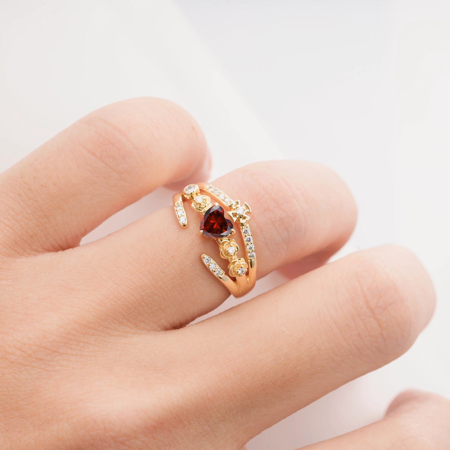 Heart Cut Claddagh Cross Garnet Wedding Ring