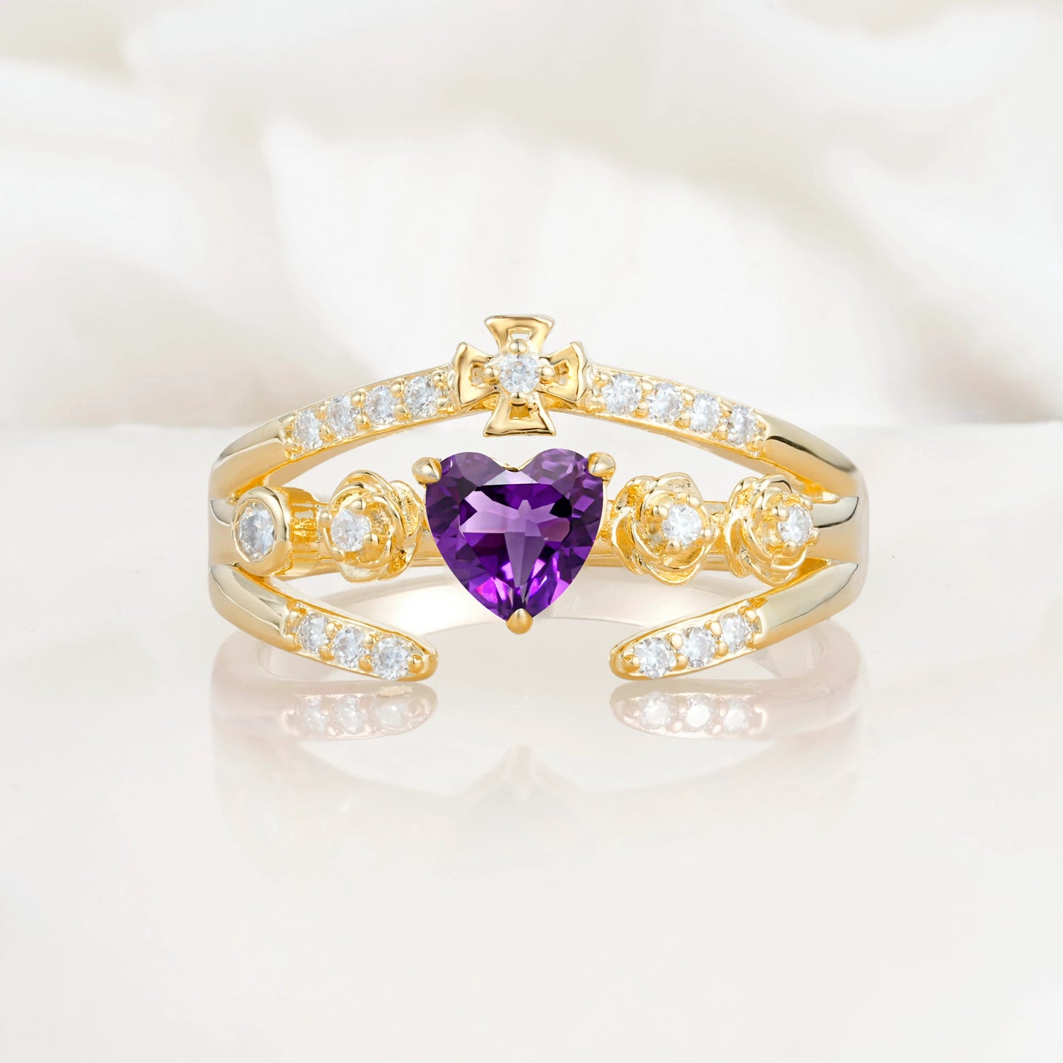Heart Cut Claddagh Cross Amethyst Wedding Ring