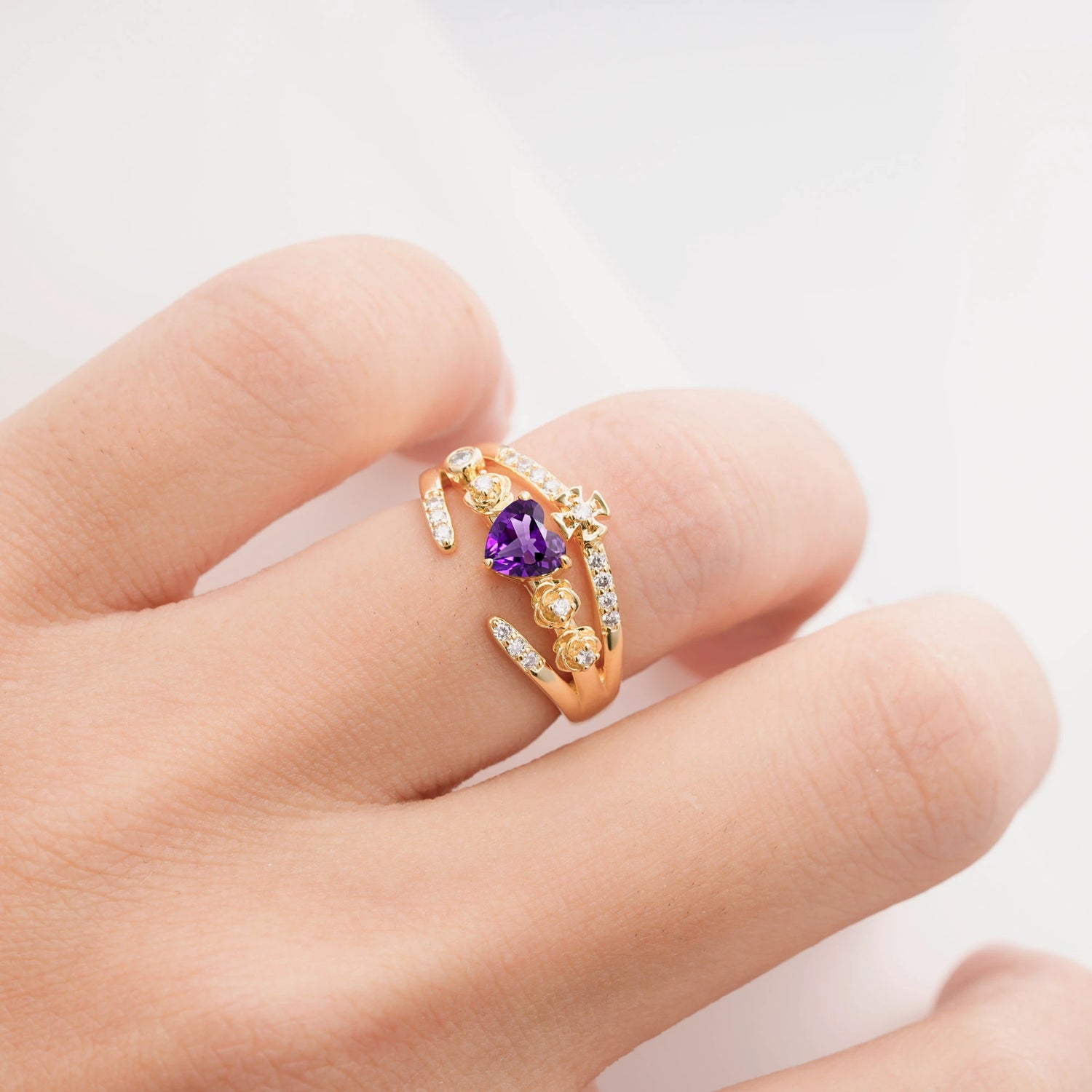 Heart Cut Claddagh Cross Amethyst Wedding Ring