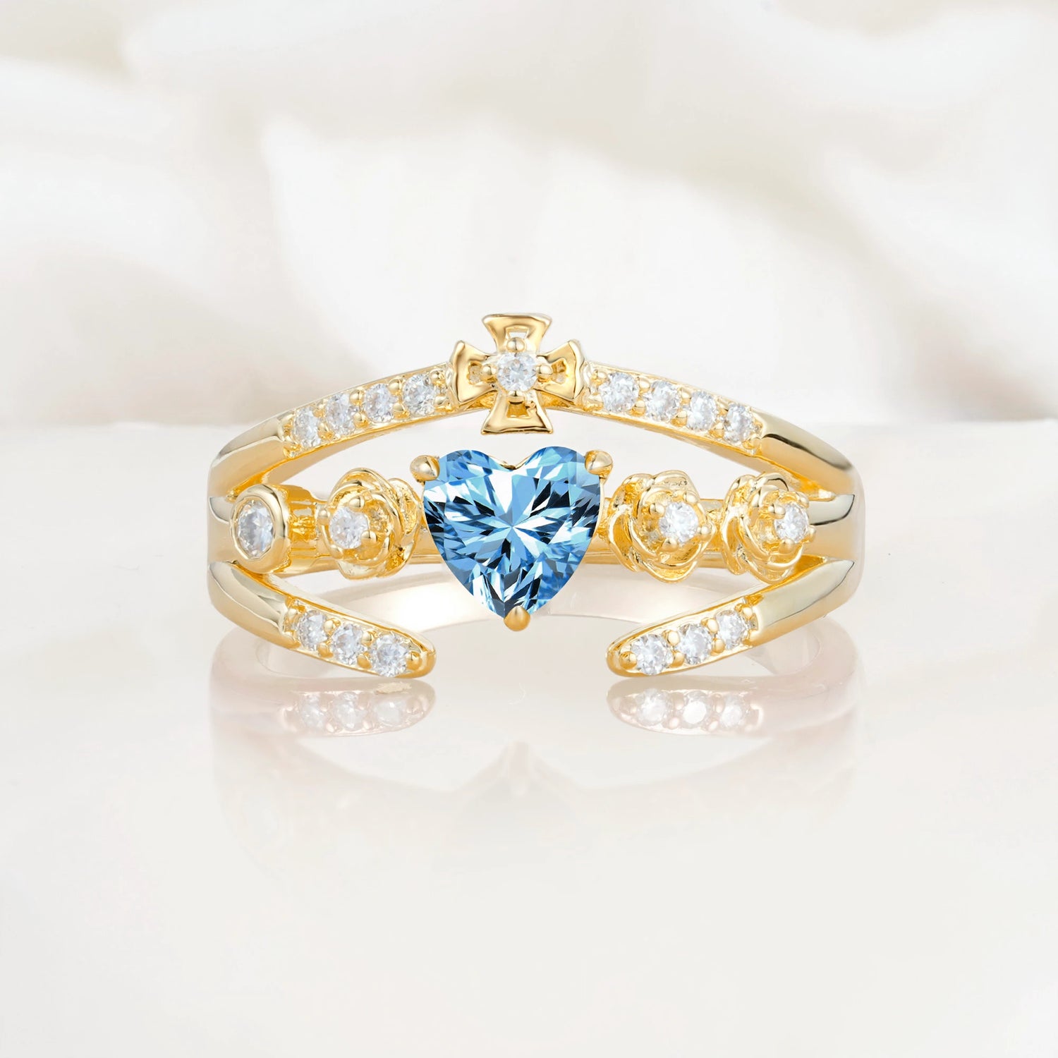 Heart Cut Claddagh Cross Aquamarine Wedding Ring