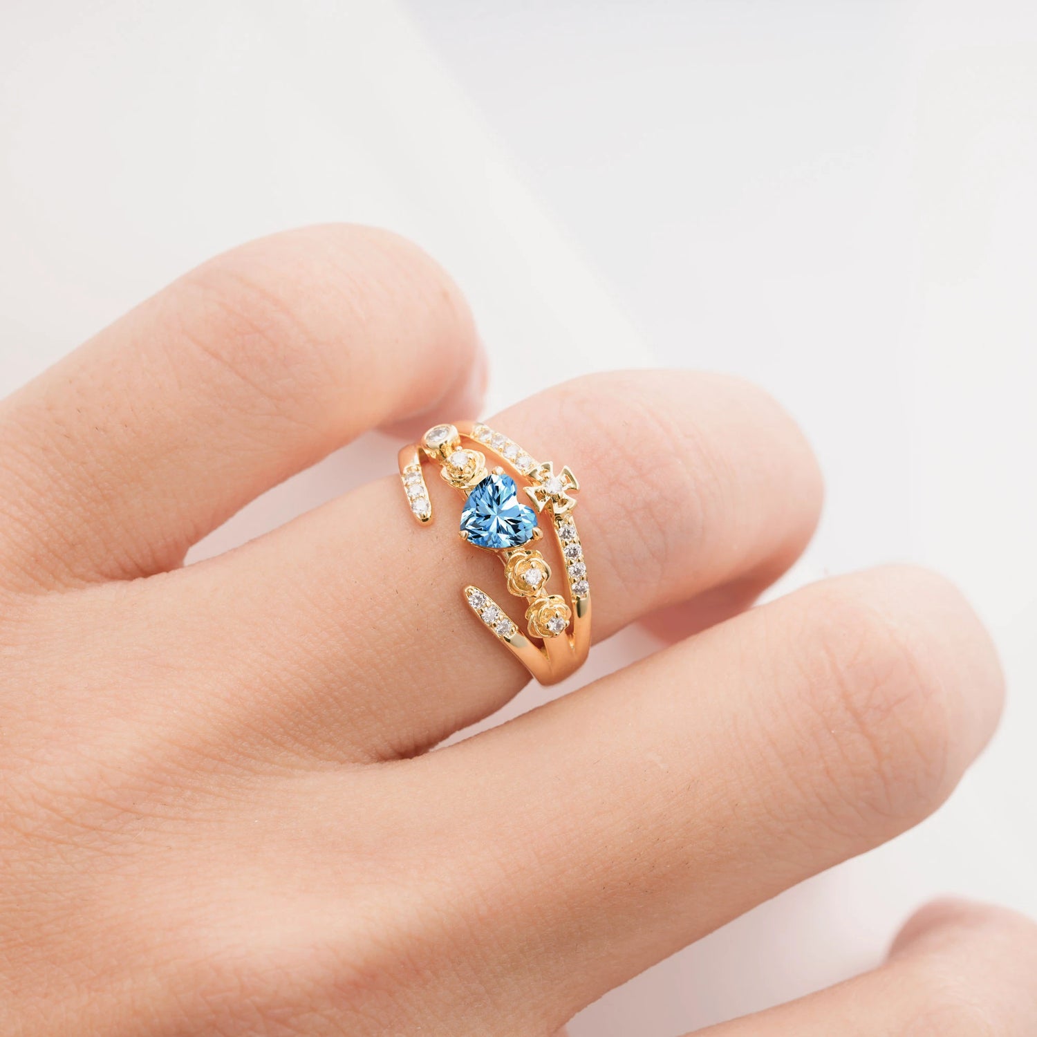Heart Cut Claddagh Cross Aquamarine Wedding Ring