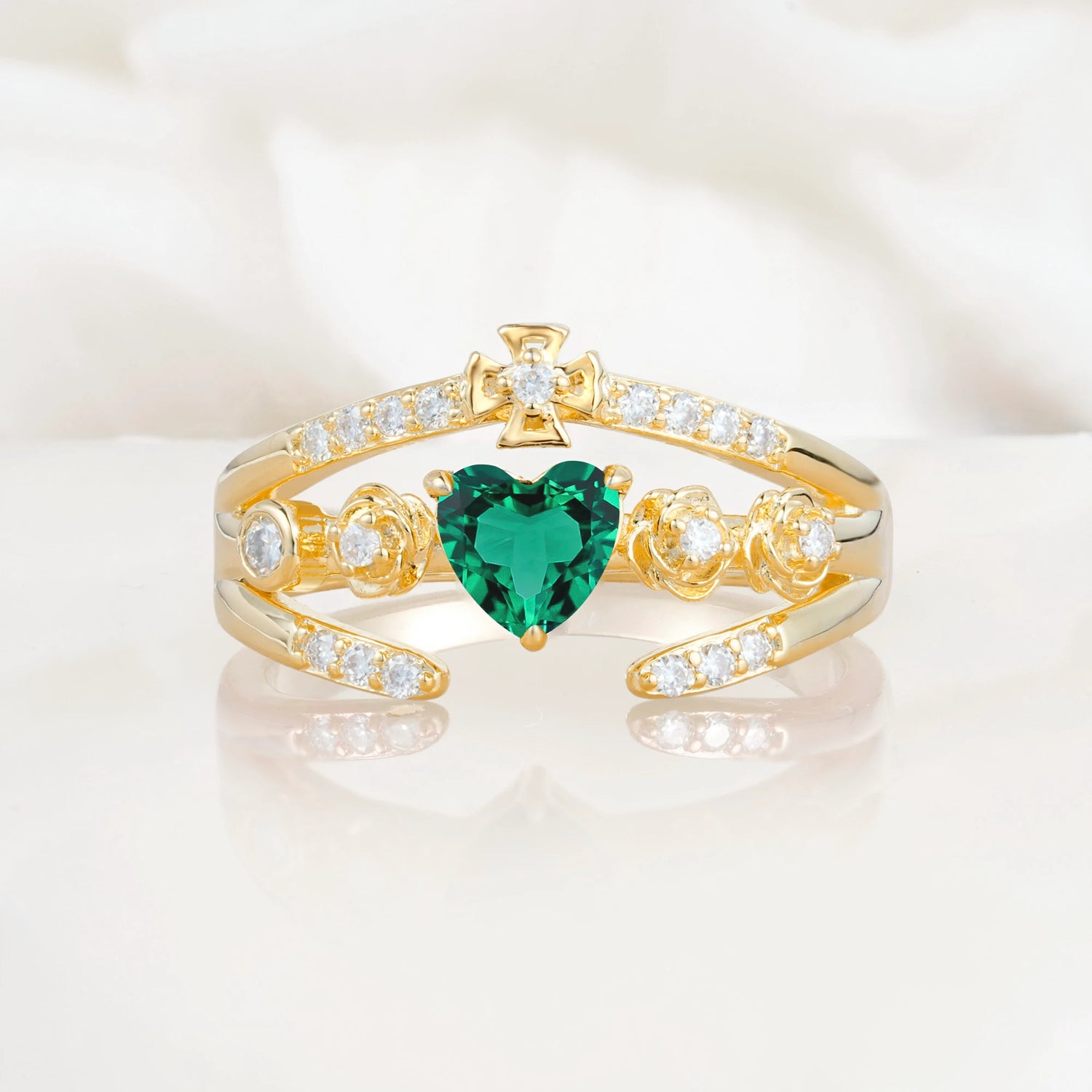Heart Cut Claddagh Cross Emerald Wedding Ring