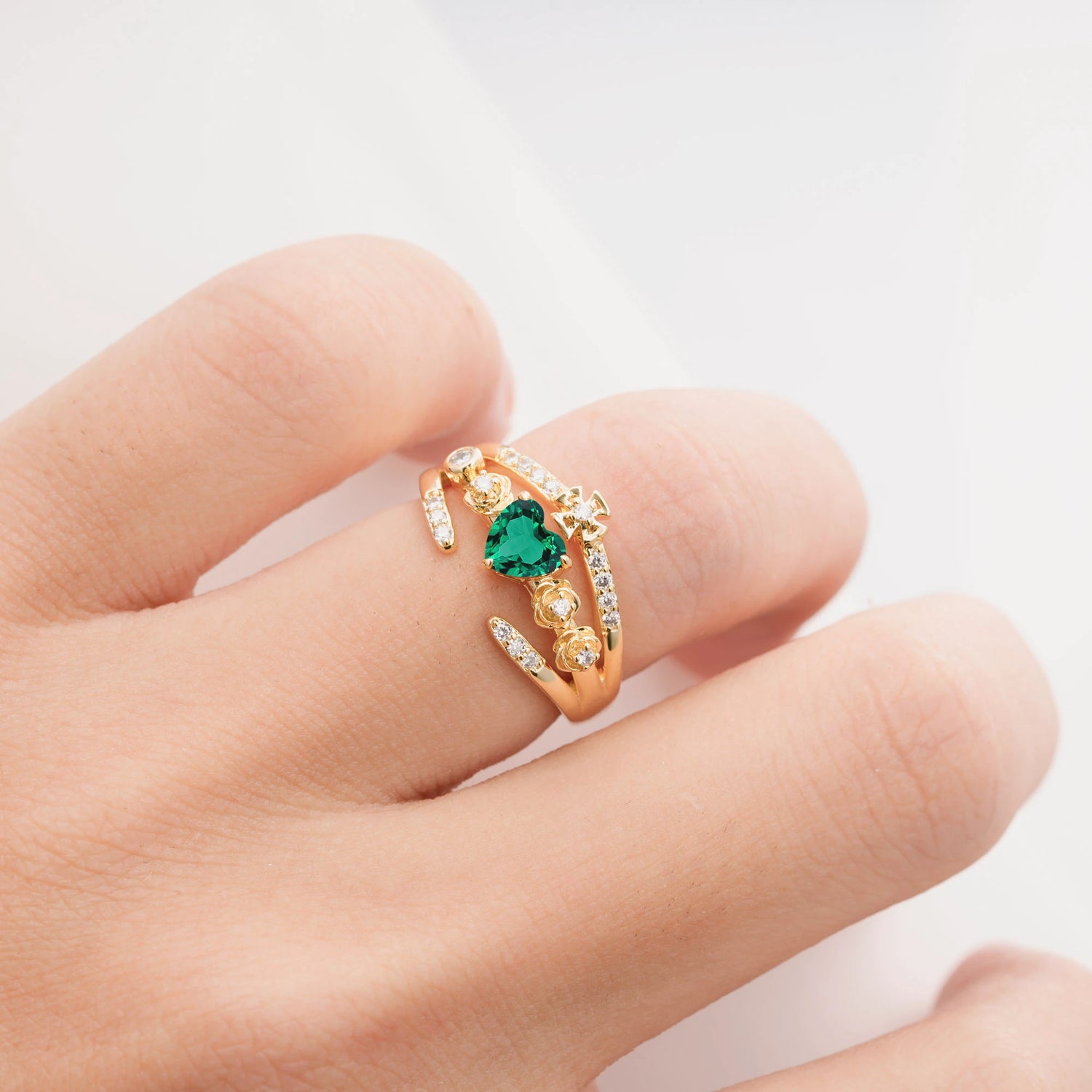 Heart Cut Claddagh Cross Emerald Wedding Ring