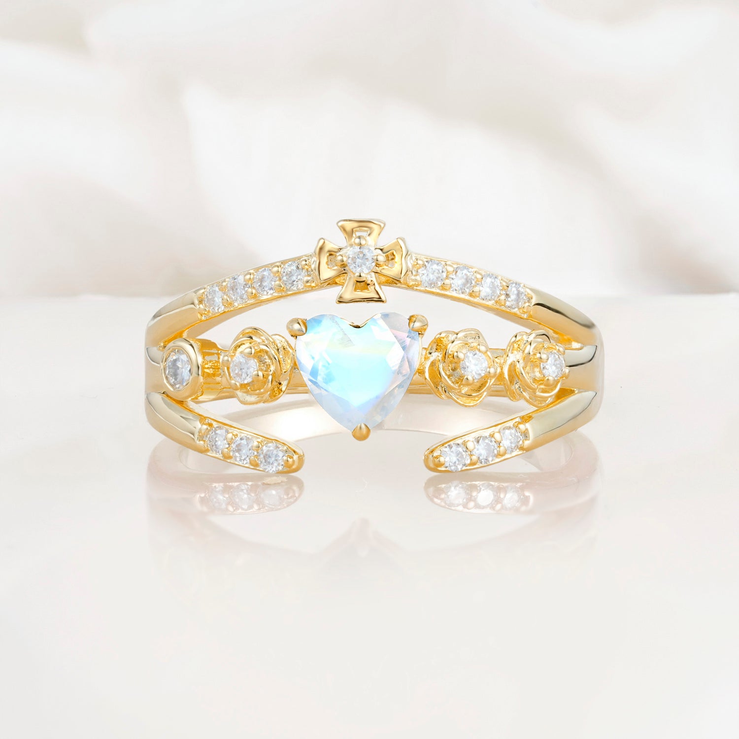 Heart Cut Claddagh Cross Moonstone Wedding Ring