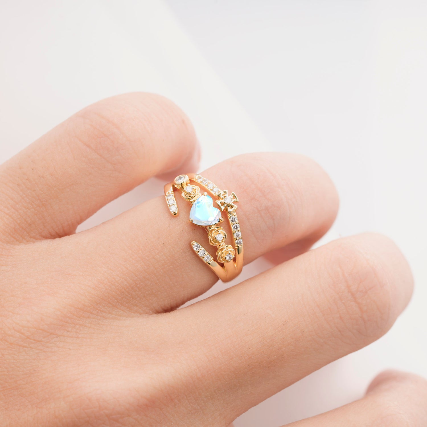 Heart Cut Claddagh Cross Moonstone Wedding Ring