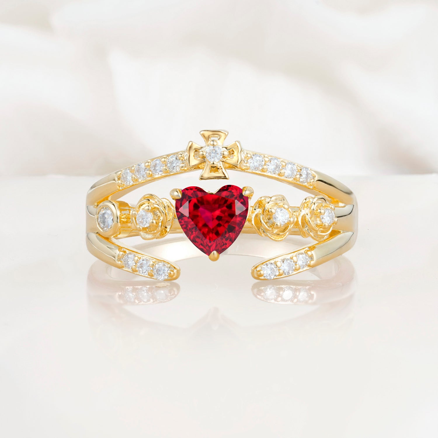 Heart Cut Claddagh Cross Ruby Wedding Ring