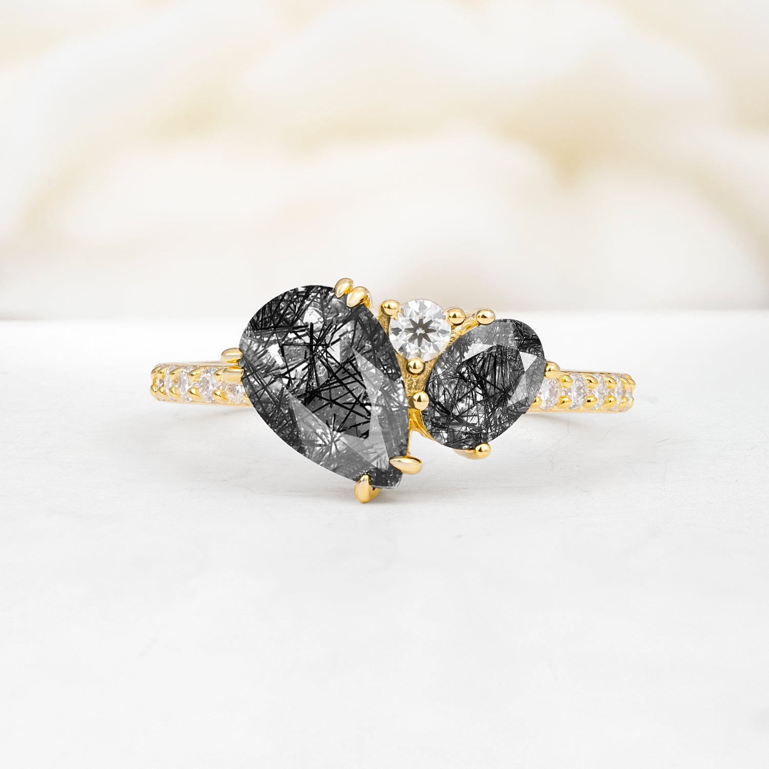 Pear Cut Unique Black Rutilated Quartz Engagement Ring