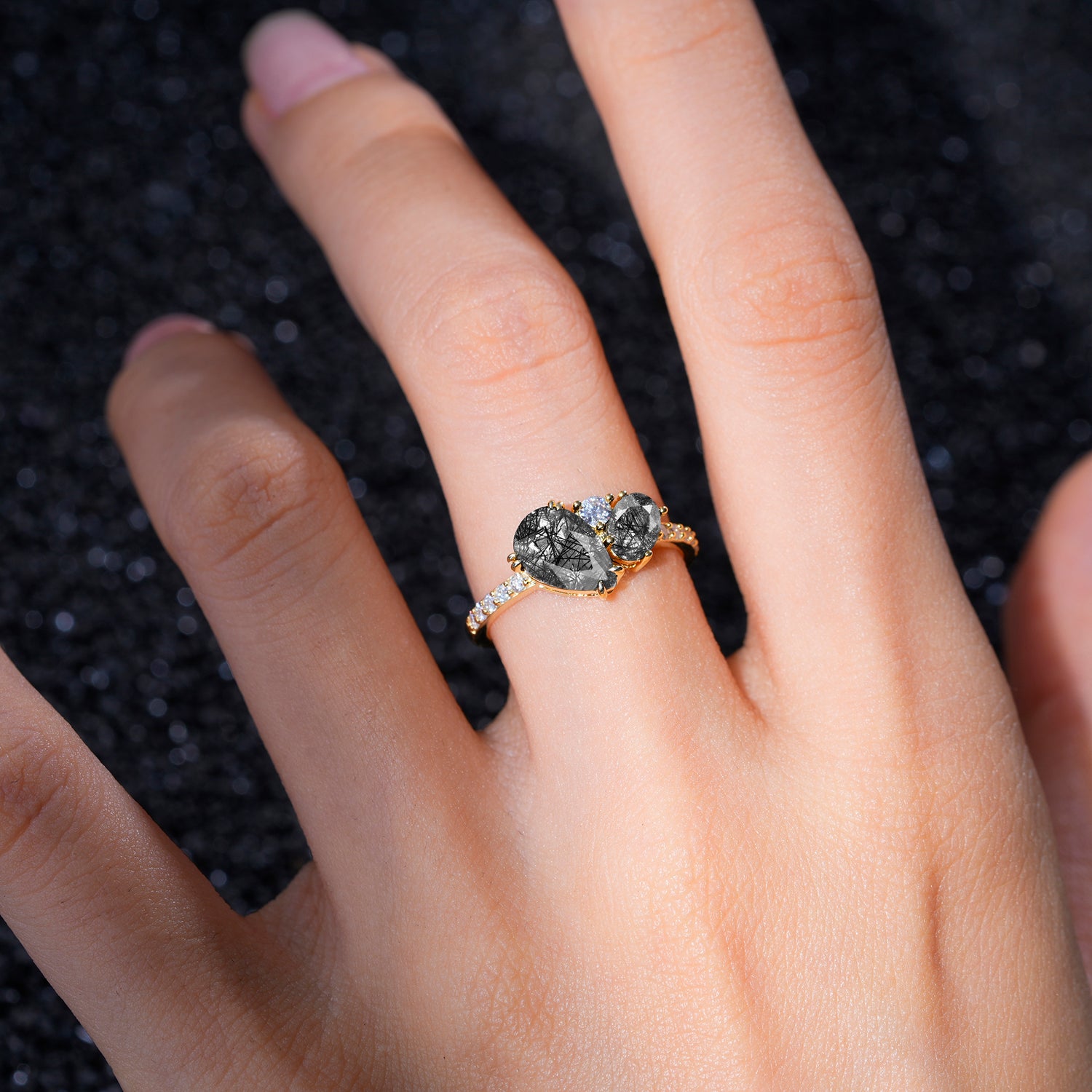 SR19465 Black Rutilated Quartz Ring - Rose-Gold