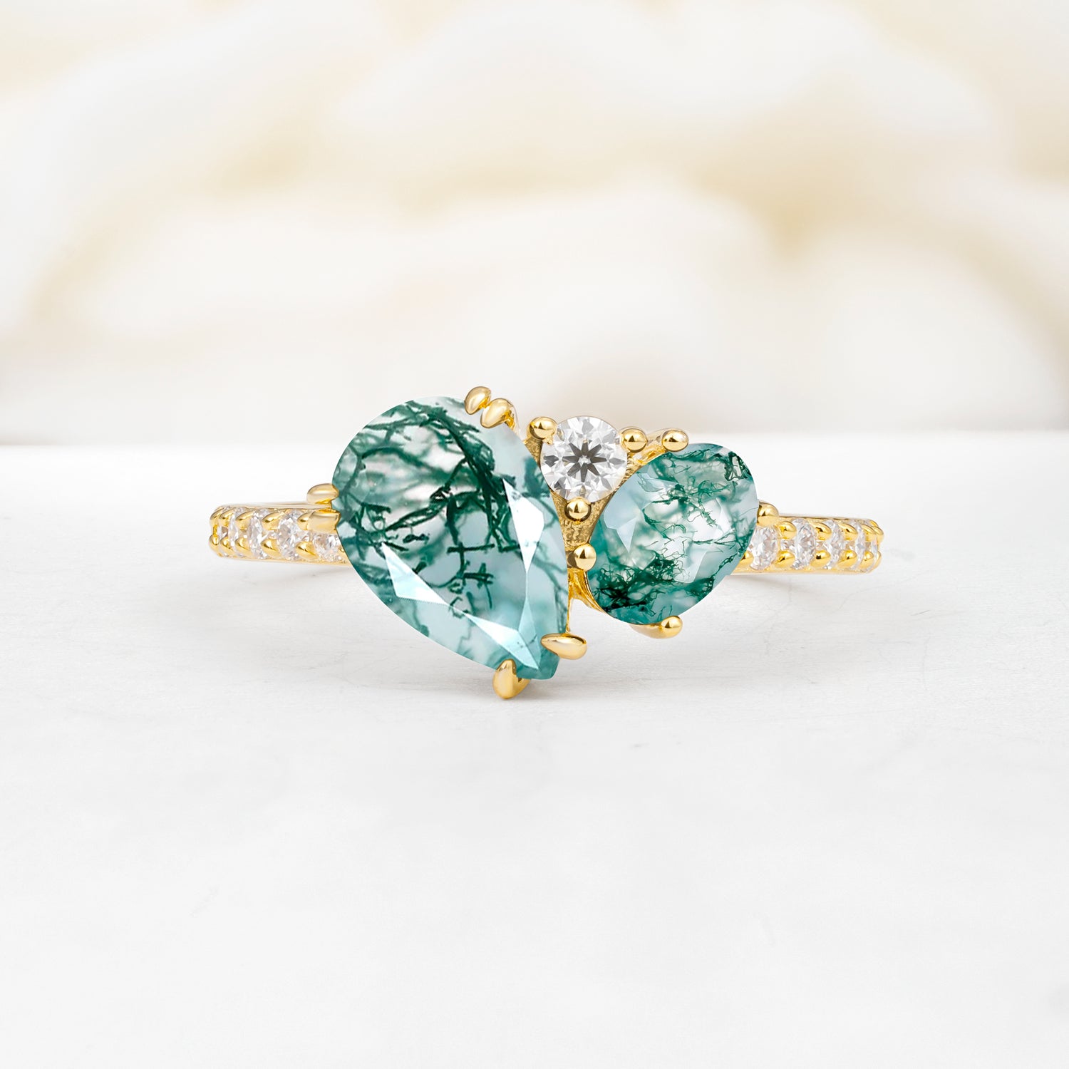 Pear Cut Unique Moss Agate Engagement Ring