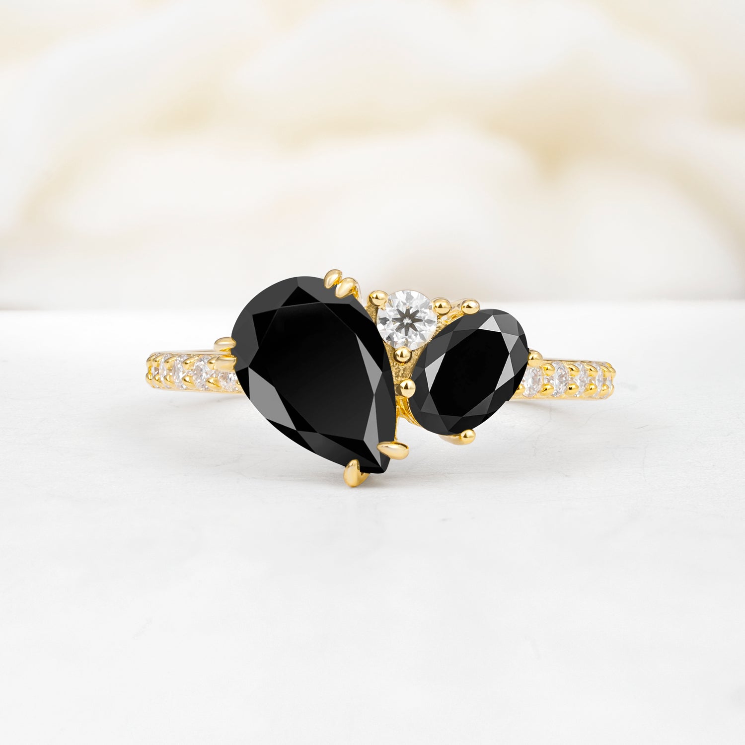 Pear Cut Unique Black Onyx Engagement Ring