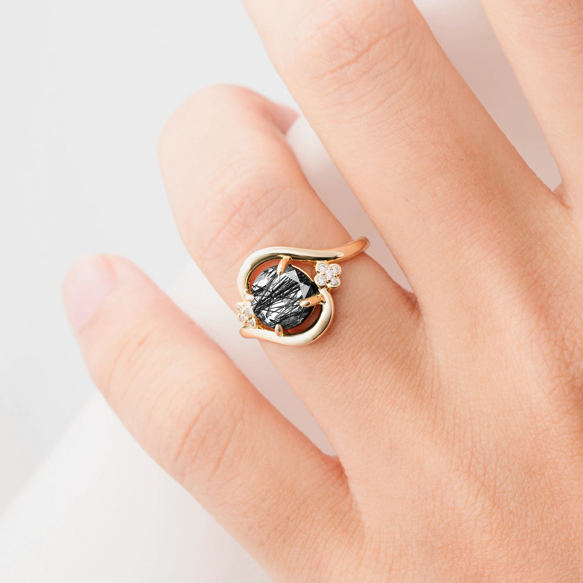 Luxurious And Creative Round Cut Black Rutilated Quartz Engagement Ring