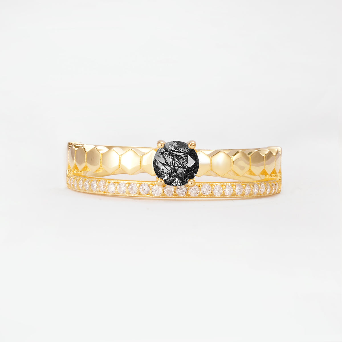 SR20086 Black Rutilated Quartz Ring - Yellow-Gold