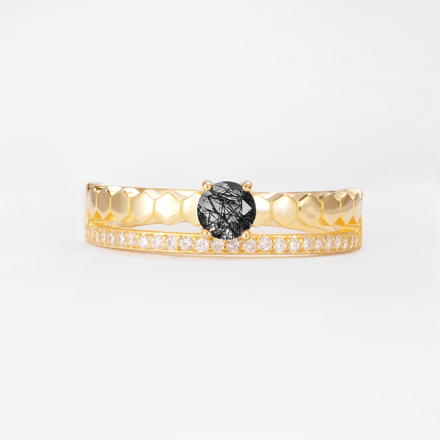 SR20086 Black Rutilated Quartz Ring - Yellow-Gold